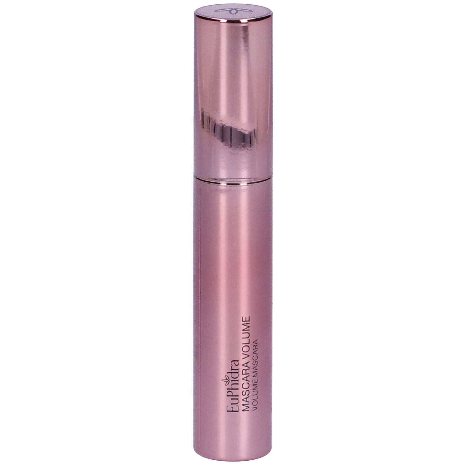 Tube de mascara rose avec bouchon argenté. Inscription : Euphidra Mascara Volume.