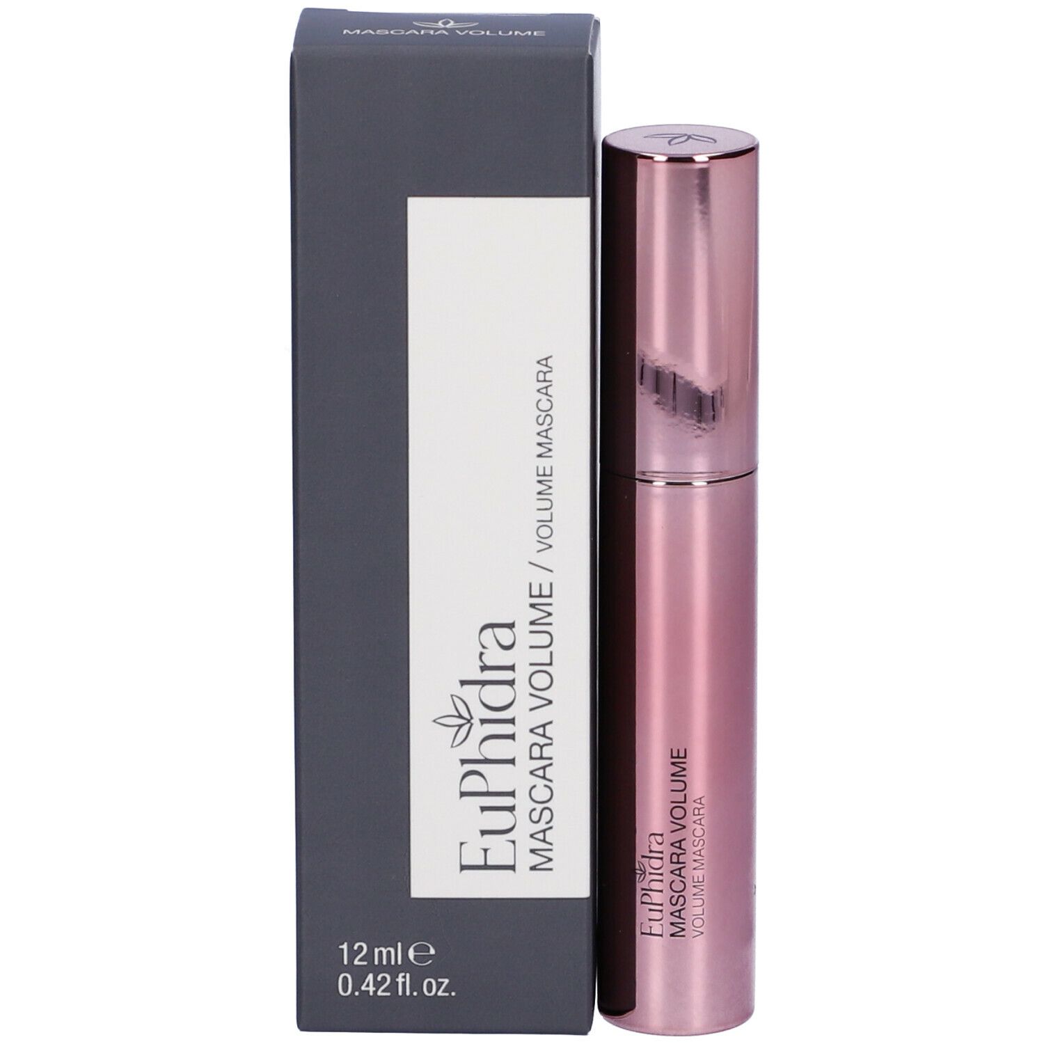 Tube de mascara et emballage. Emballage avec inscription : Euphidra Mascara Volume, 12 ml.