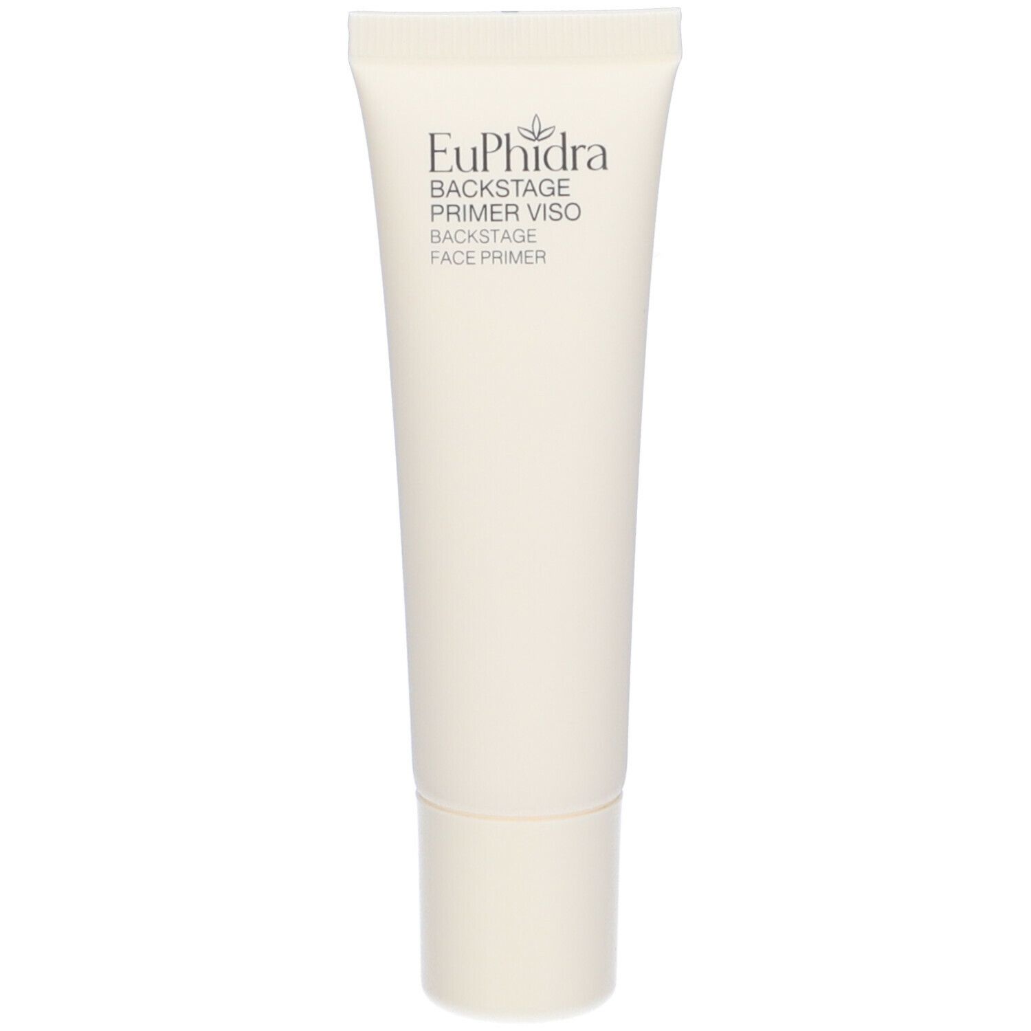 Tube crème avec nom et logo du produit. Inscription : Euphidra Backstage Primer Viso Face Primer.