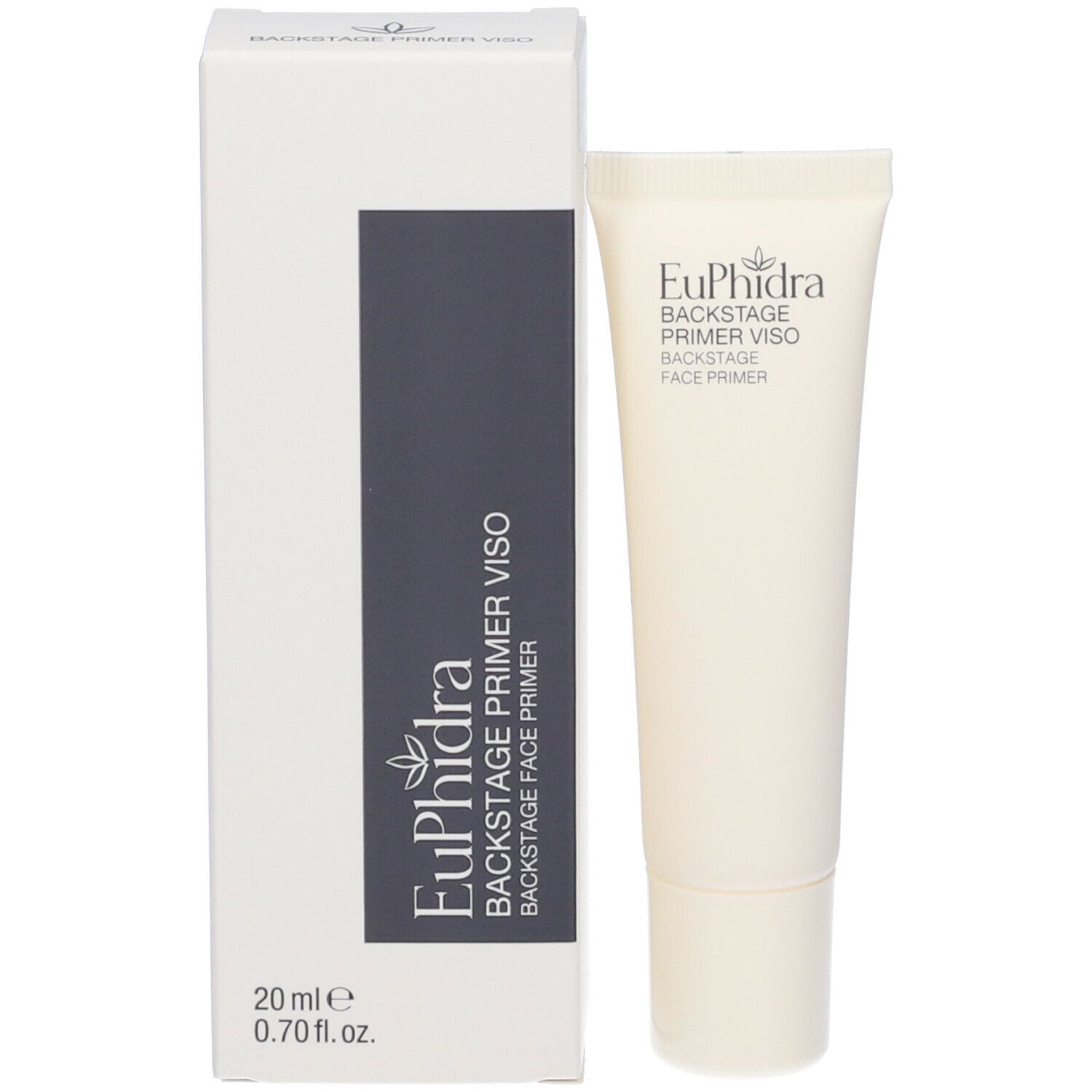Emballage du produit avec tube. Inscription : Euphidra Backstage Primer Viso Face Primer. 20 ml, 0.70 fl. oz.