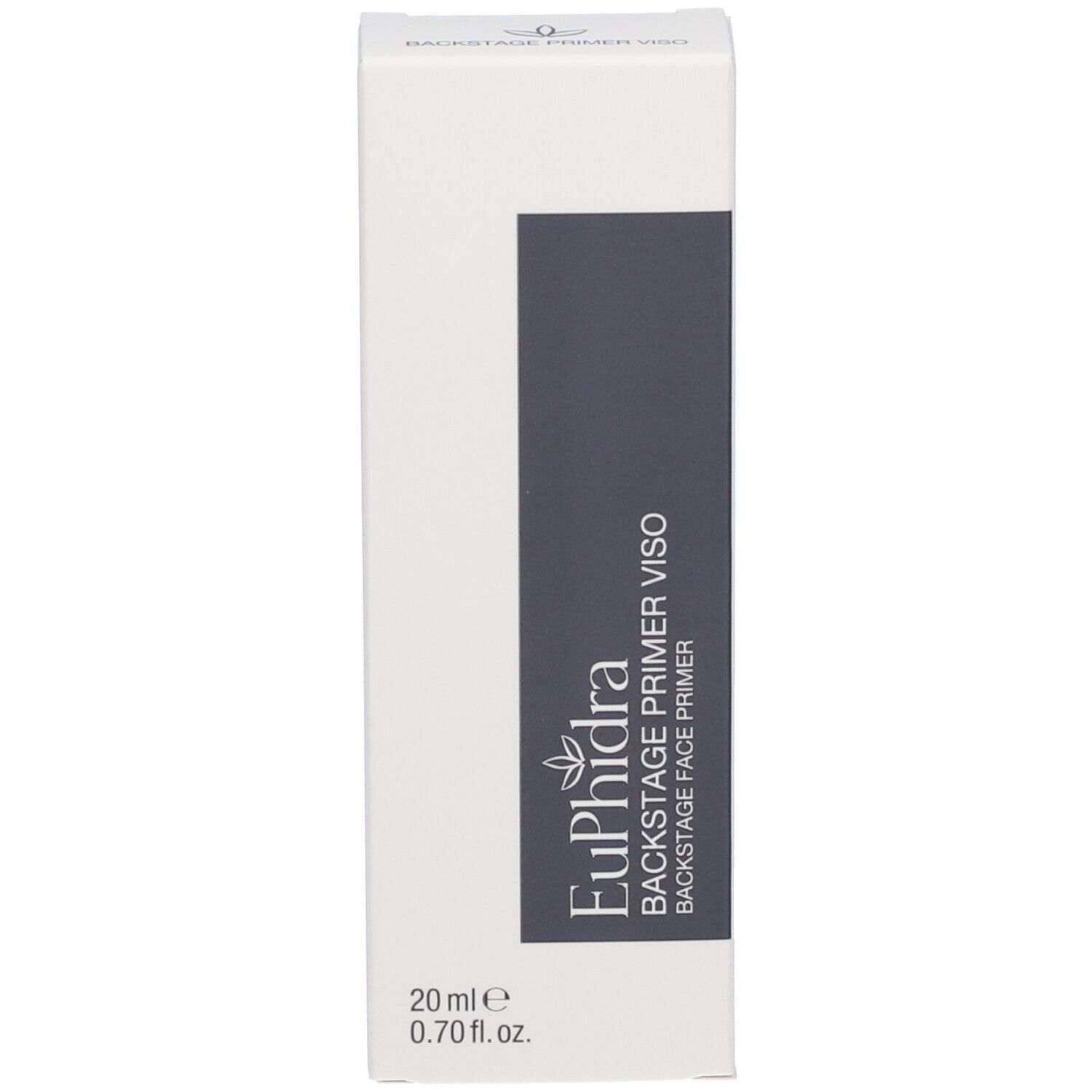 Emballage blanc avec rectangle gris foncé. Inscription : Euphidra Backstage Primer Viso Face Primer. 20 ml, 0.70 fl. oz.