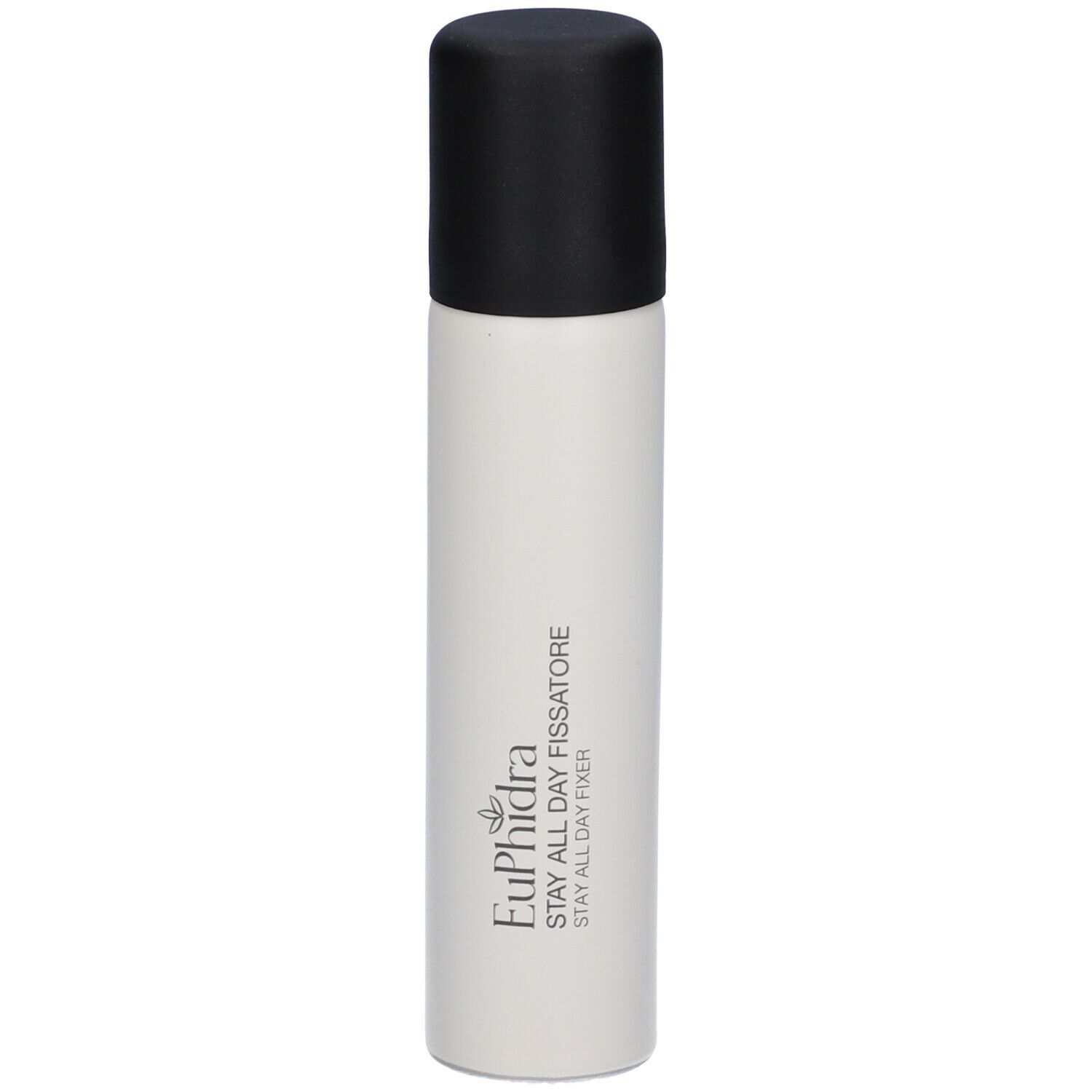 Flacon cylindrique avec bouchon noir. Inscription: Euphidra Stay All Day Fissatore.