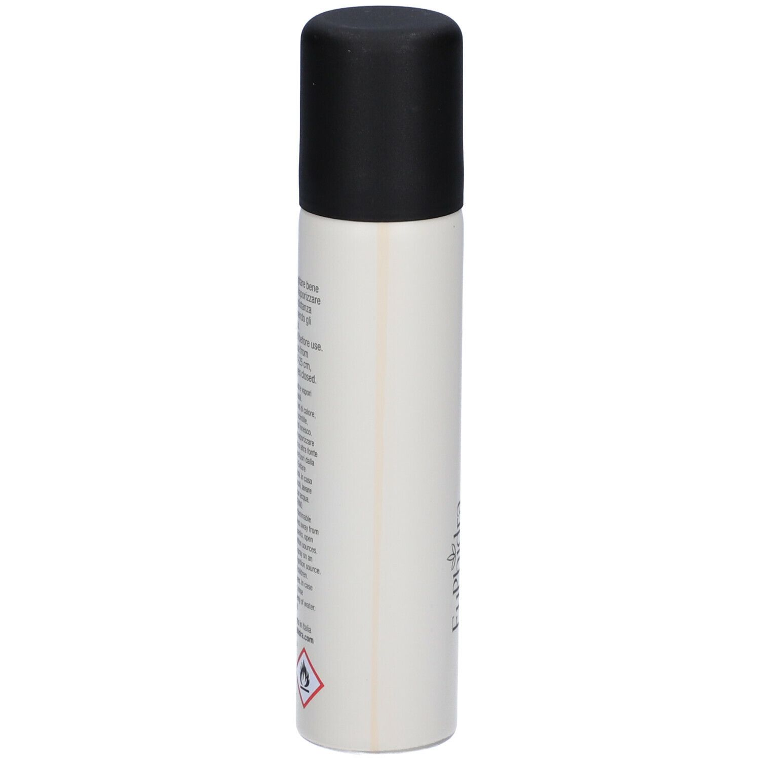 Flacon cylindrique, blanc avec bouchon noir. Texte au dos.