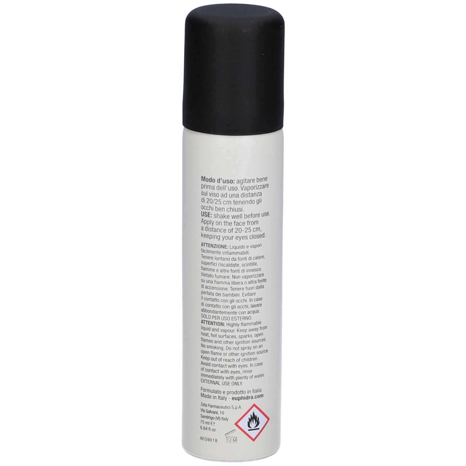 Flacon cylindrique, blanc avec bouchon noir. Texte et pictogrammes au dos.