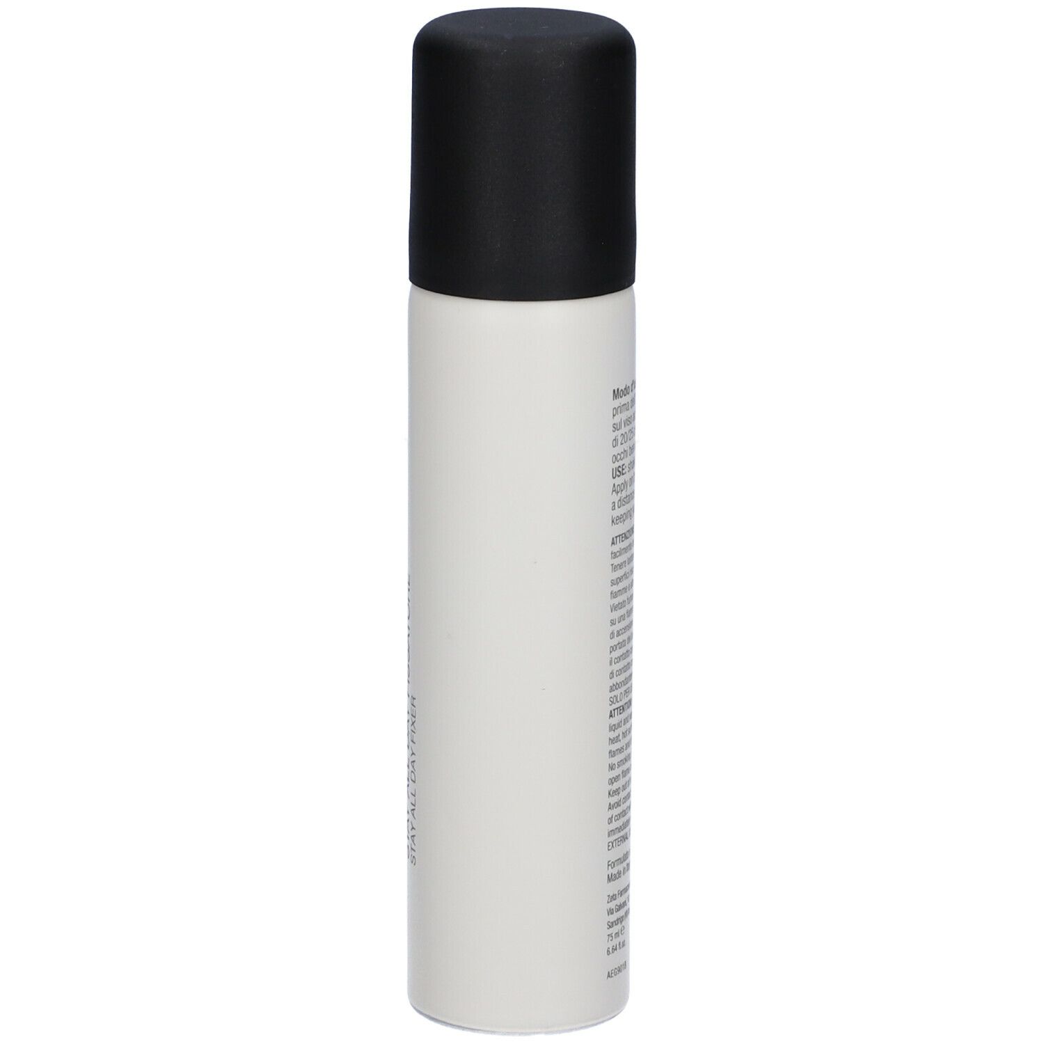 Flacon cylindrique, blanc avec bouchon noir. Texte au dos.