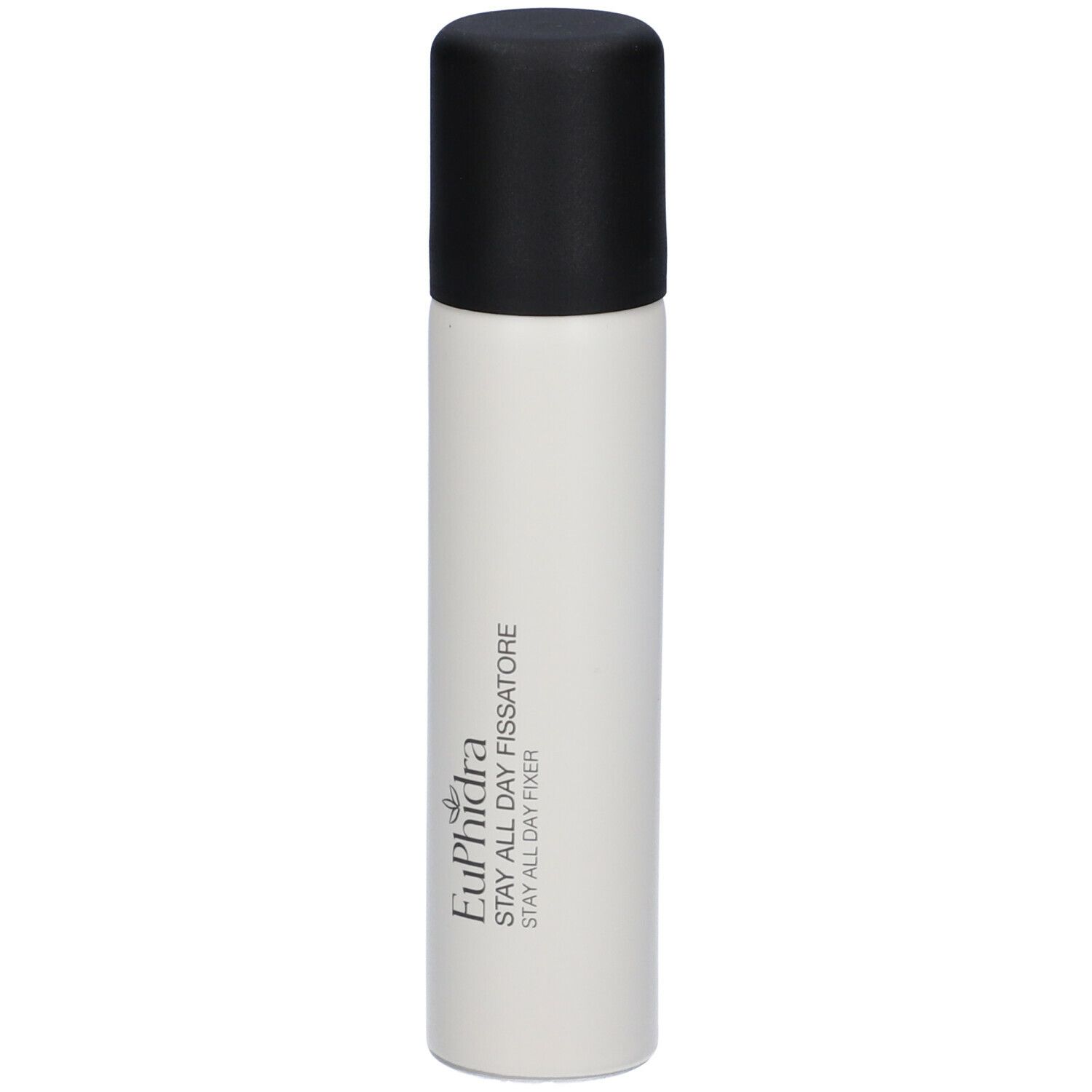 Flacon cylindrique avec bouchon noir. Inscription: Euphidra Stay All Day Fissatore.