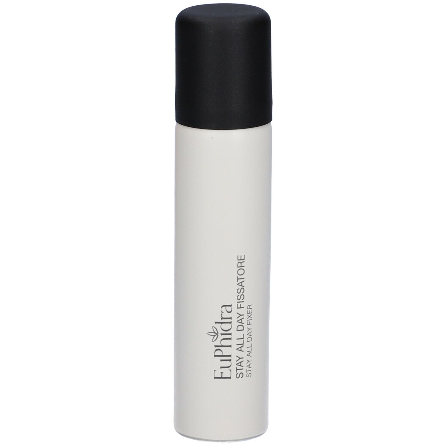 Flacon cylindrique avec bouchon noir. Inscription: Euphidra Stay All Day Fissatore.