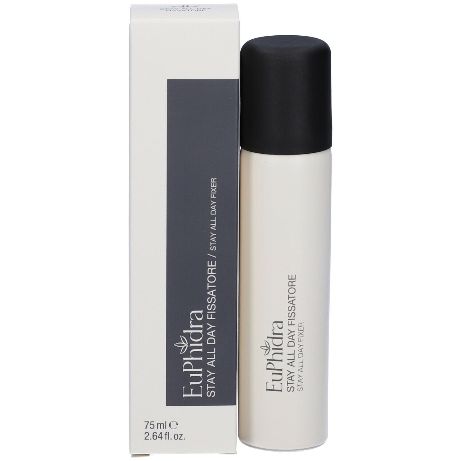 Produit avec emballage. Flacon avec bouchon noir et carton. Inscription: Euphidra Stay All Day Fissatore.