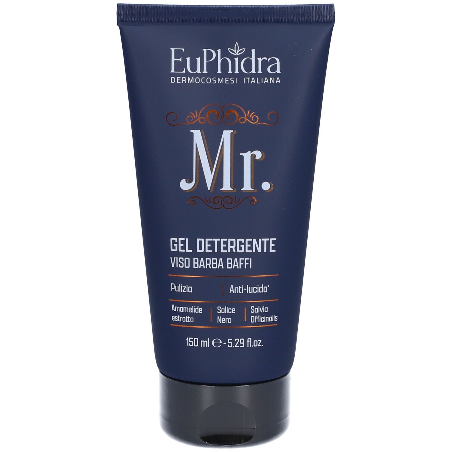 Tube bleu foncé avec texte blanc. Inscription: Euphidra, Mr., Gel Detergente Viso Barba Baffi. Bouchon noir.