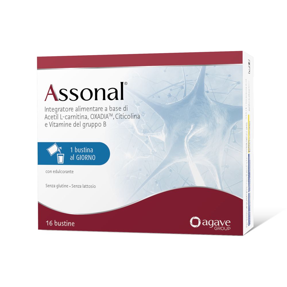 Schachtel mit Produktnamen Assonal®. 16 Beutel. Agave Group Logo. Text: Integratore alimentare a base di Acetil L-carnitina, OXADIA™, Citicolina e Vitamine del gruppo B.