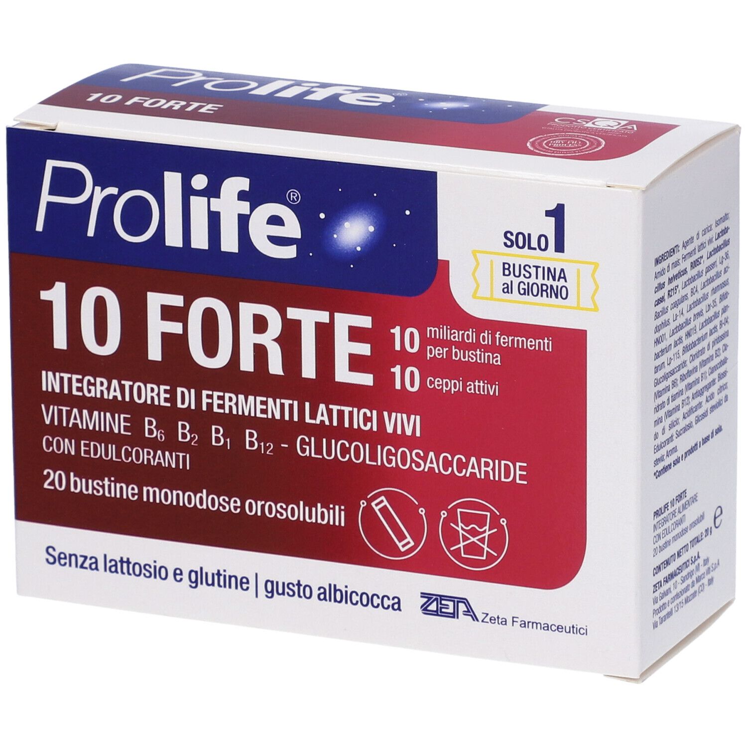 Karton Prolife 10 Forte. Enthält 20 Beutel. Text: Integratore di fermenti lattici vivi, vitamine, senza lattosio e glutine.