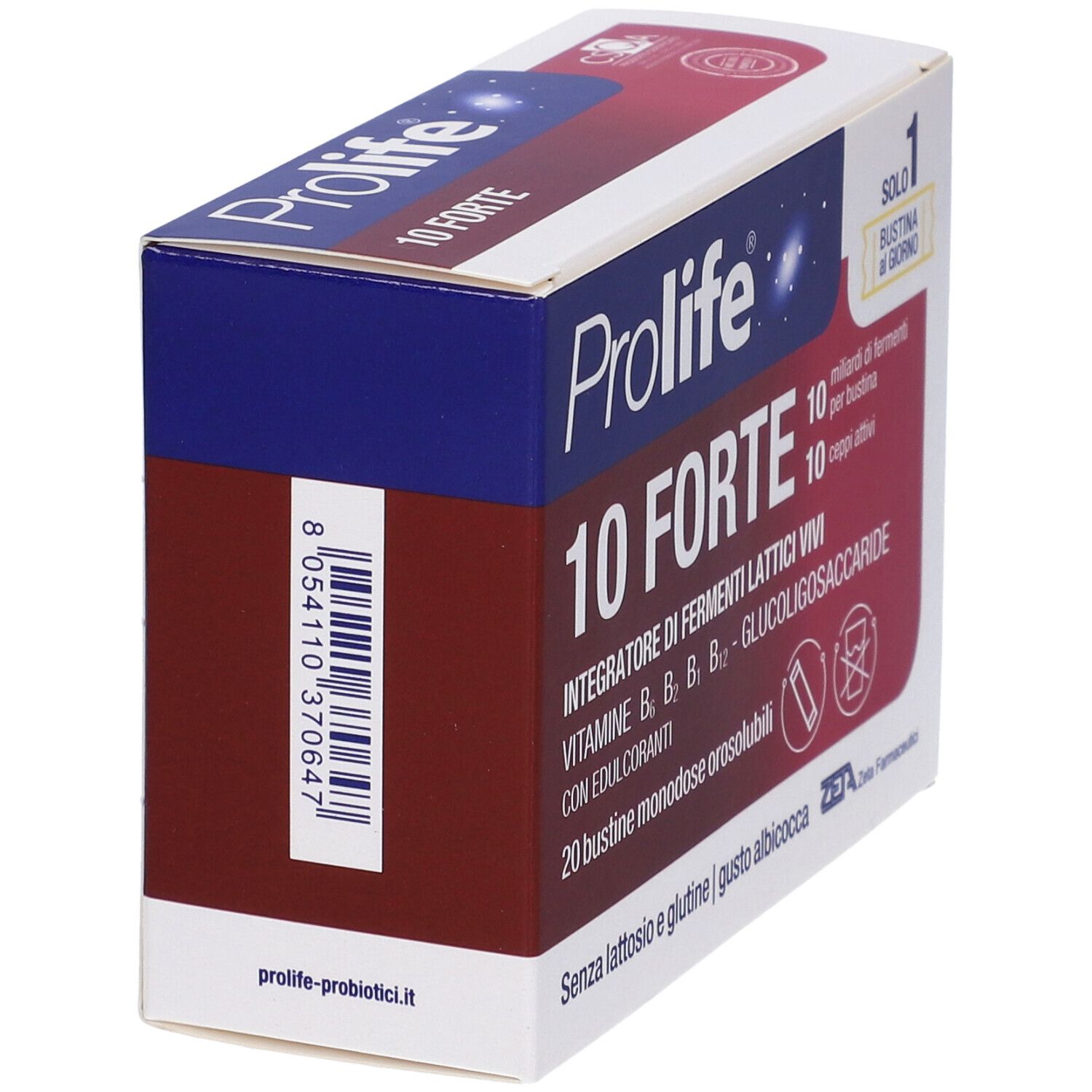 Karton Prolife 10 Forte, schräg. Barcode und Text: Prolife-probiotici.it. Text: Integratore di fermenti lattici vivi, vitamine, senza lattosio.