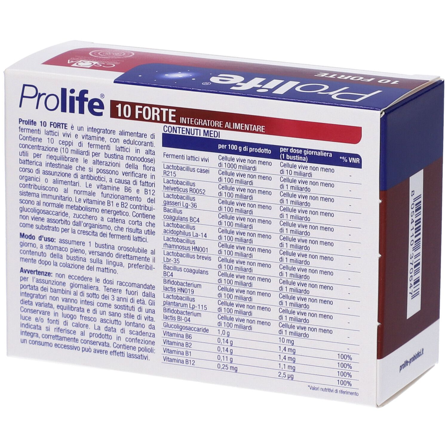 Rückseite der Prolife 10 Forte-Verpackung. Enthält Nährwertangaben und Inhaltsstoffe. Text: Integratore alimentare.