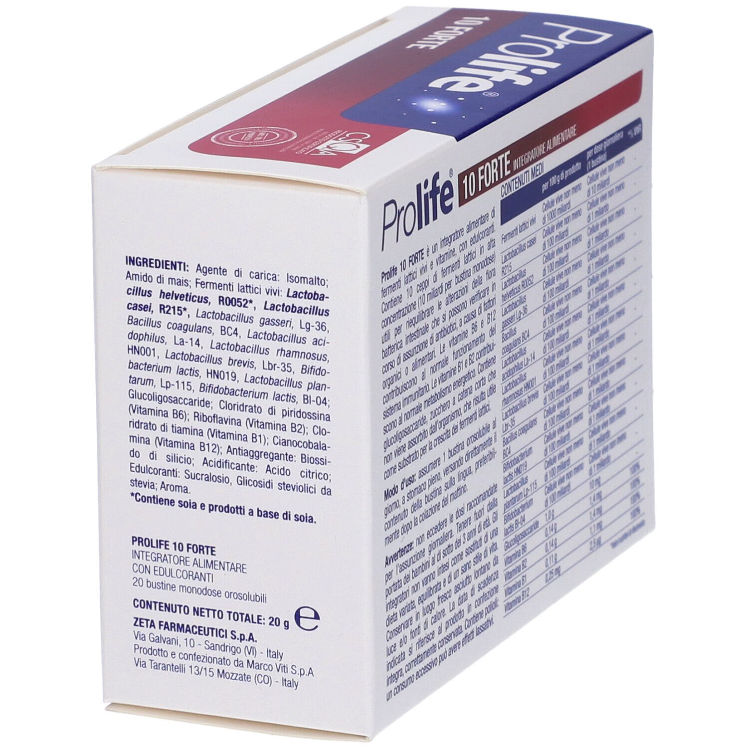 Schrägansicht der Prolife 10 Forte-Verpackung. Enthält Inhaltsstoffe und Nährwertangaben. Text: Integratore alimentare.