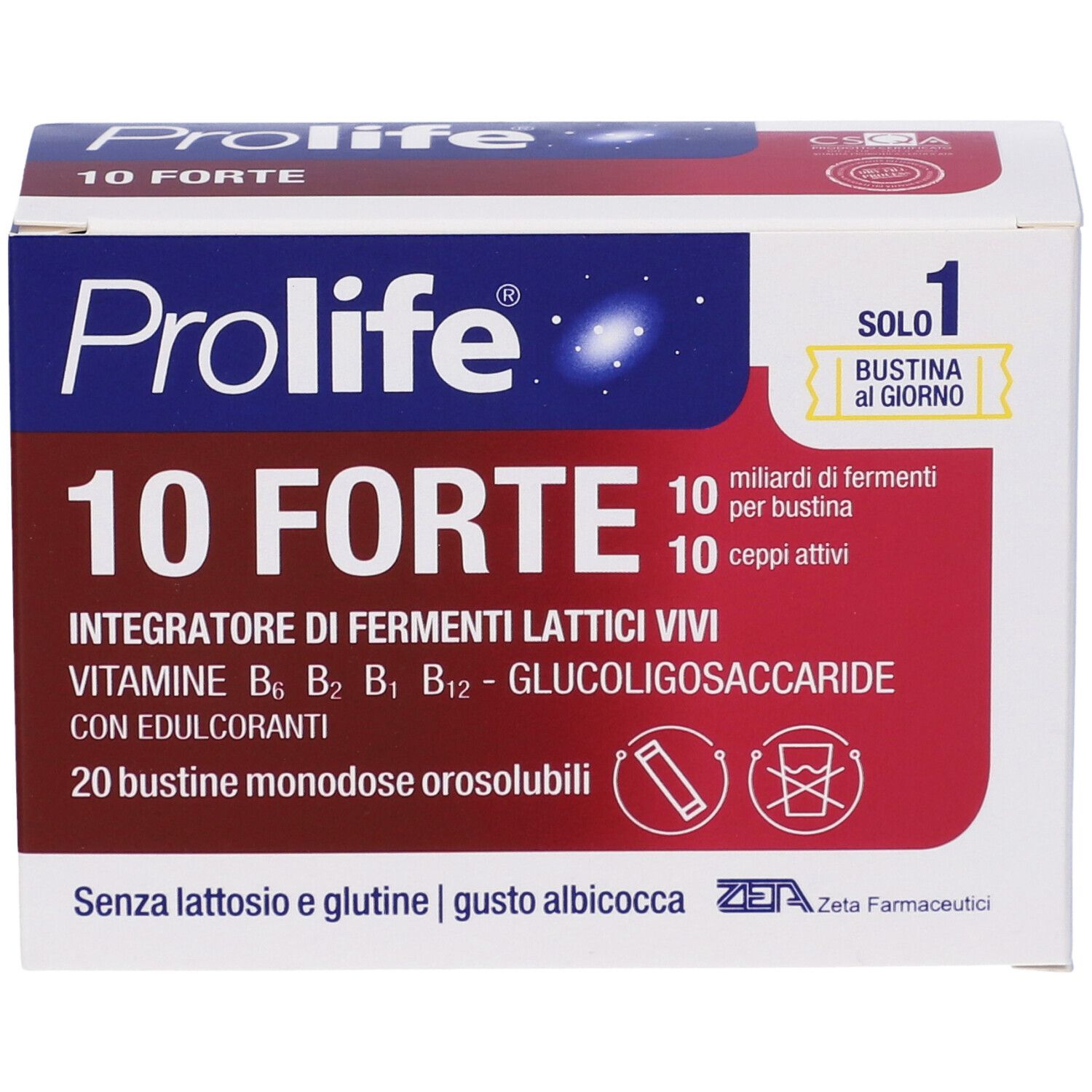 Vorderseite der Prolife 10 Forte-Verpackung. Enthält 20 Beutel. Text: Integratore di fermenti lattici vivi, vitamine, senza lattosio e glutine.