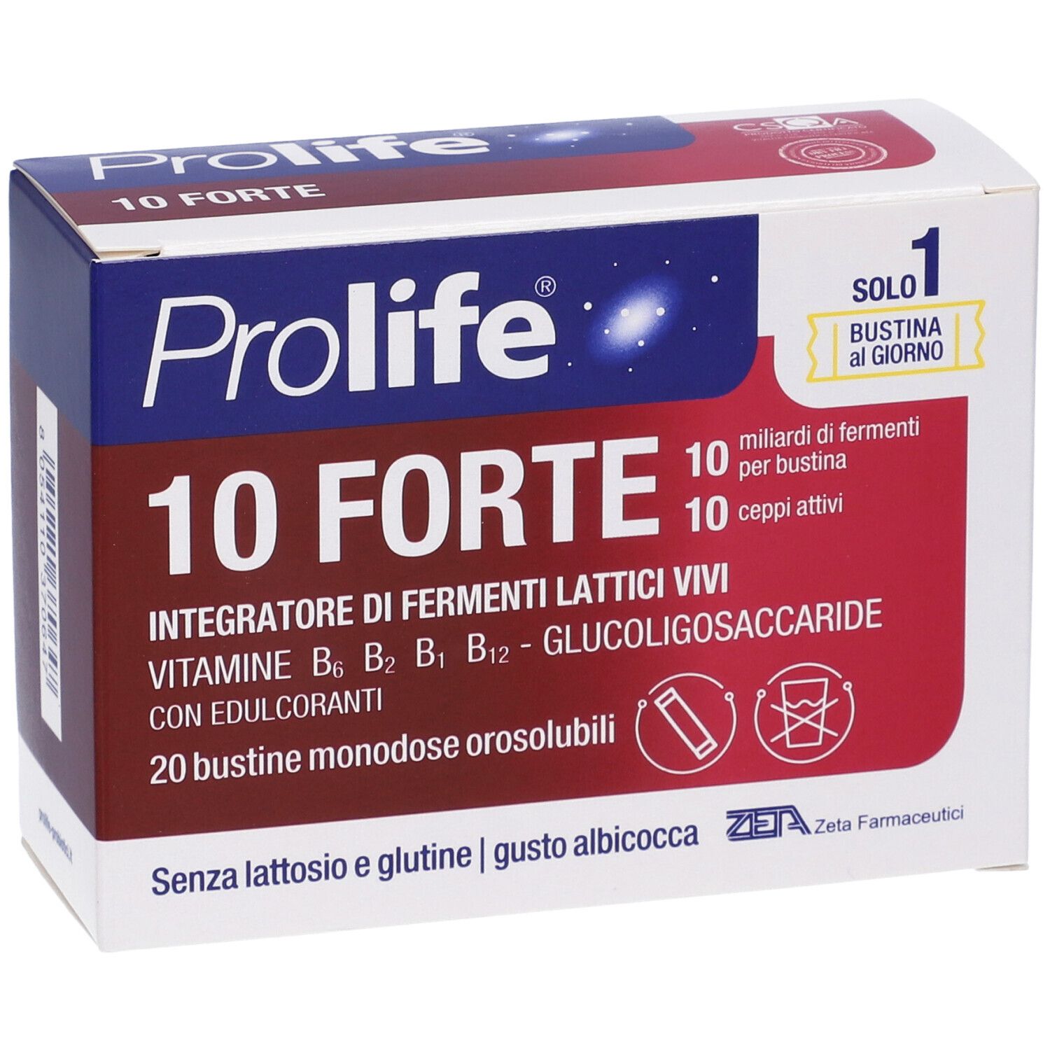 Vorderseite der Prolife 10 Forte-Verpackung. Enthält 20 Beutel. Text: Integratore di fermenti lattici vivi, vitamine, senza lattosio e glutine.