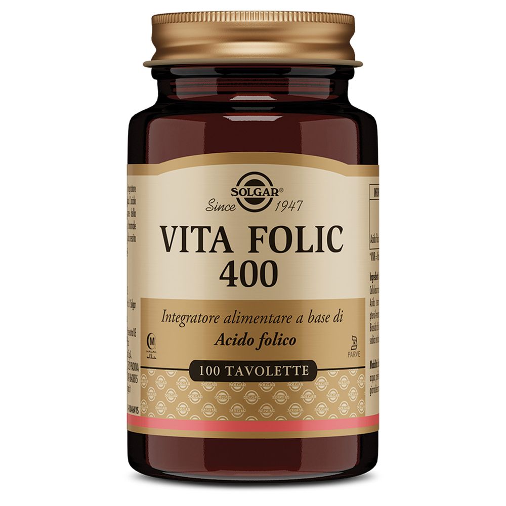Braune Glasflasche mit goldfarbenem Deckel. Aufschrift: VITA FOLIC 400, 100 Tabletten. Marke SOLGAR.