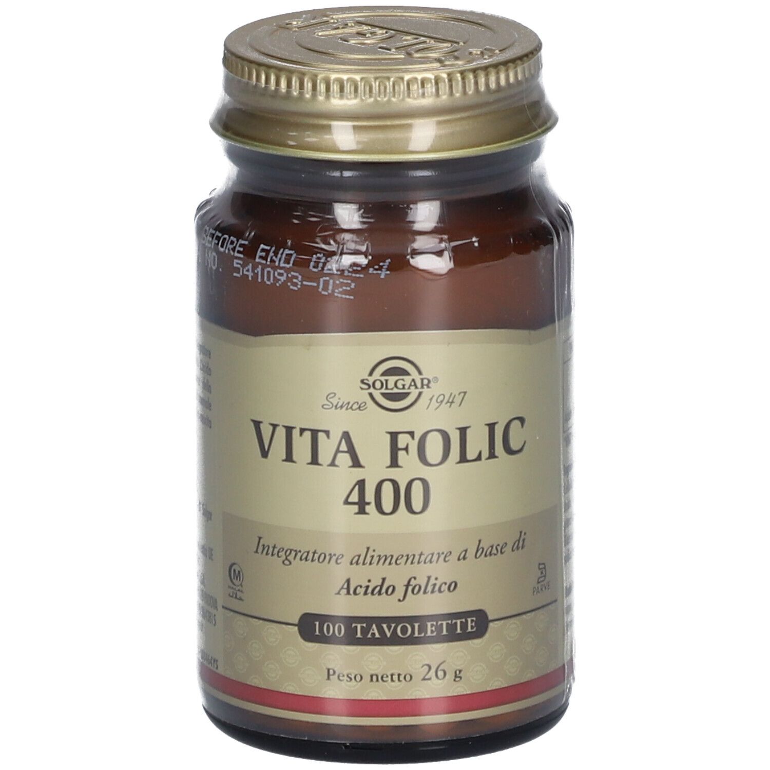 Braune Glasflasche mit goldfarbenem Deckel. Aufschrift: VITA FOLIC 400, 100 Tabletten. Marke SOLGAR.
