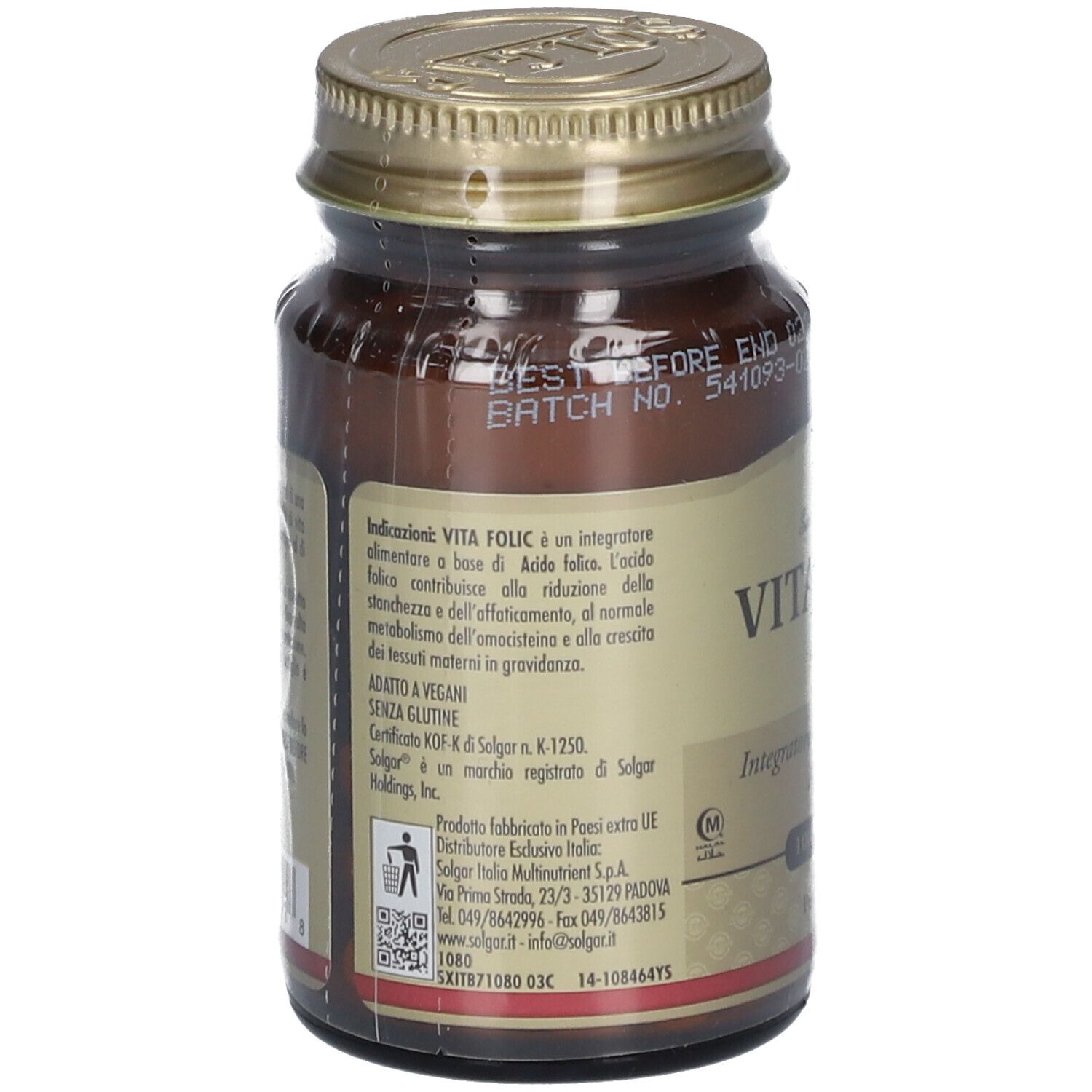 Rückseite der braunen Glasflasche mit goldfarbenem Deckel. Textinformationen und QR-Code.