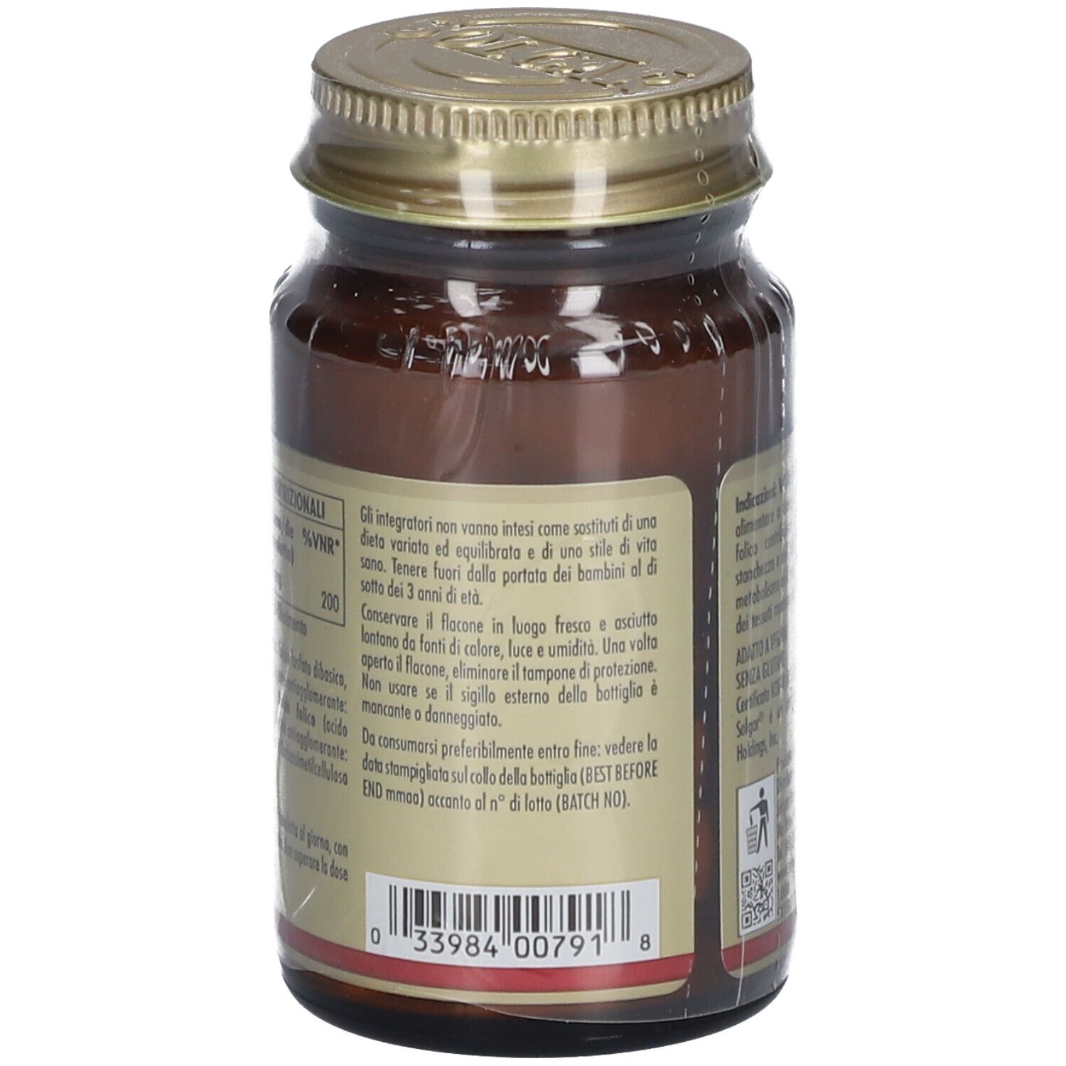 Rückseite der braunen Glasflasche mit goldfarbenem Deckel. Textinformationen und Barcode.