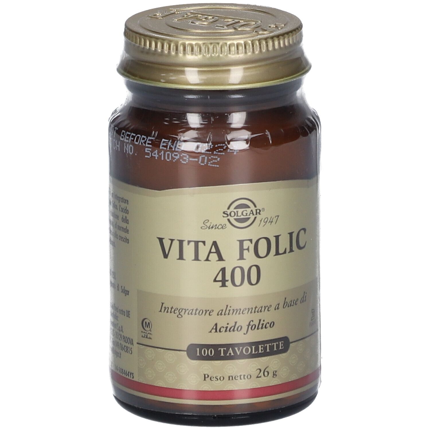 Braune Glasflasche mit goldfarbenem Deckel. Aufschrift: VITA FOLIC 400, 100 Tabletten. Marke SOLGAR.
