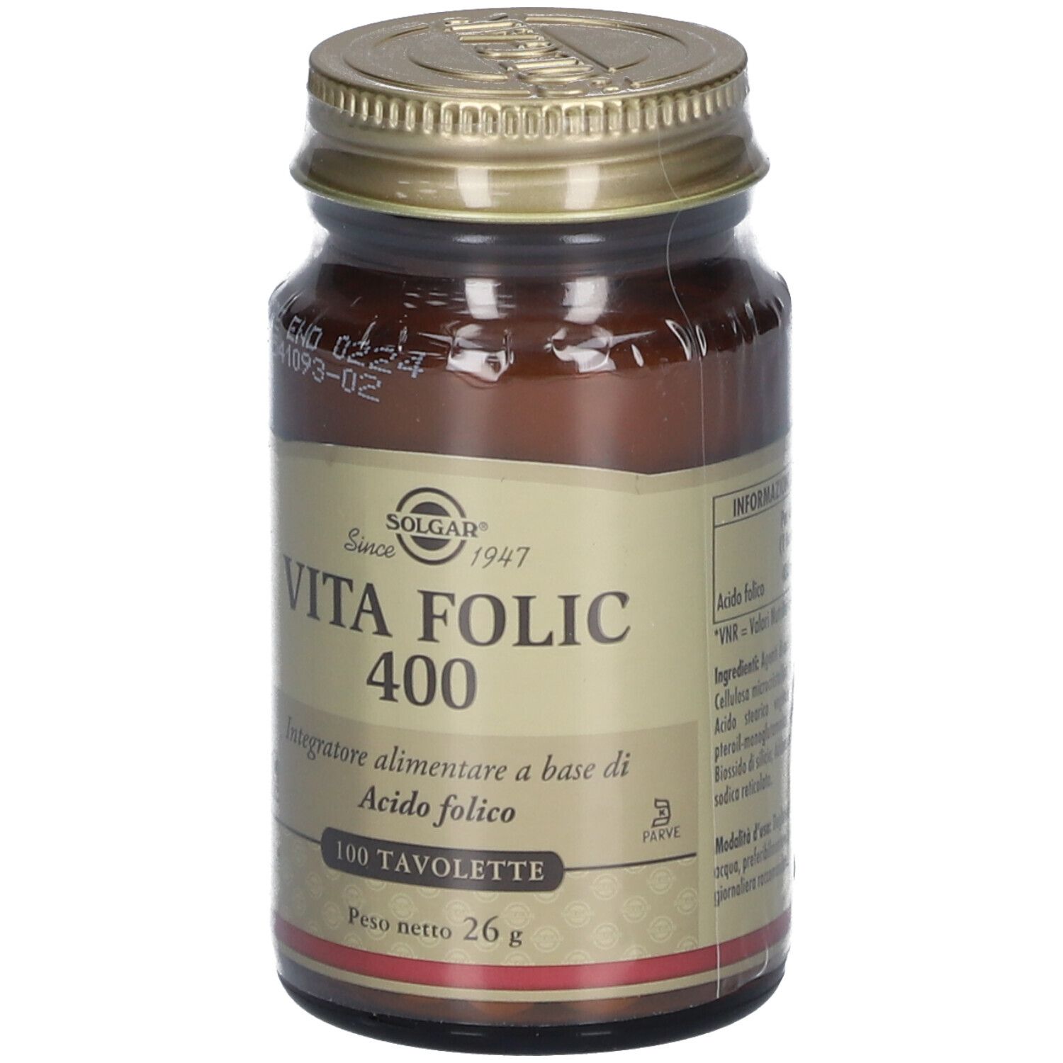 Braune Glasflasche mit goldfarbenem Deckel. Aufschrift: VITA FOLIC 400, 100 Tabletten. Marke SOLGAR.