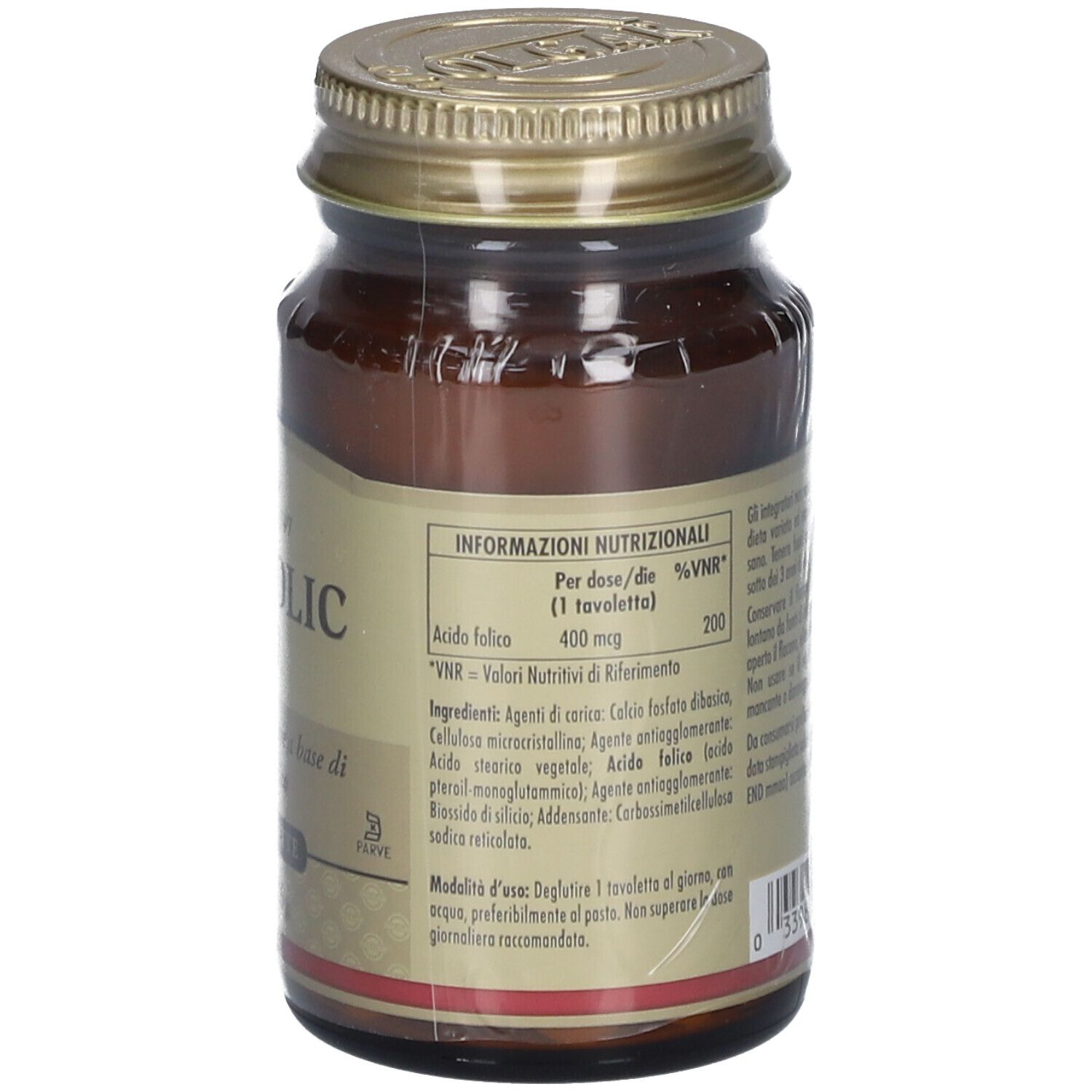 Rückseite der braunen Glasflasche mit goldfarbenem Deckel. Nährwertinformationen und Inhaltsstoffe.