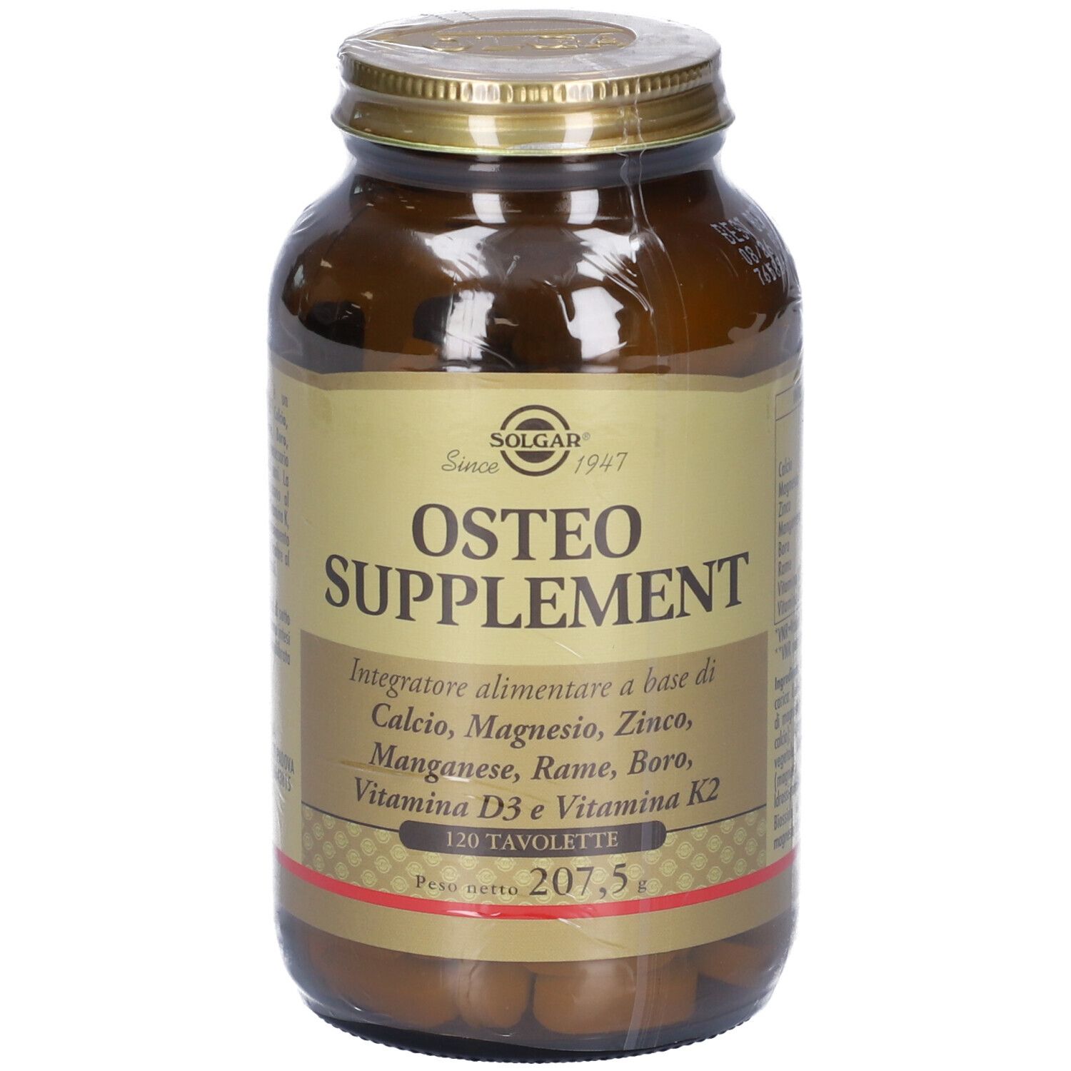 Flacon en verre brun avec couvercle doré. Étiquette avec texte: Osteo Supplement, 120 comprimés. Marque SOLGAR.