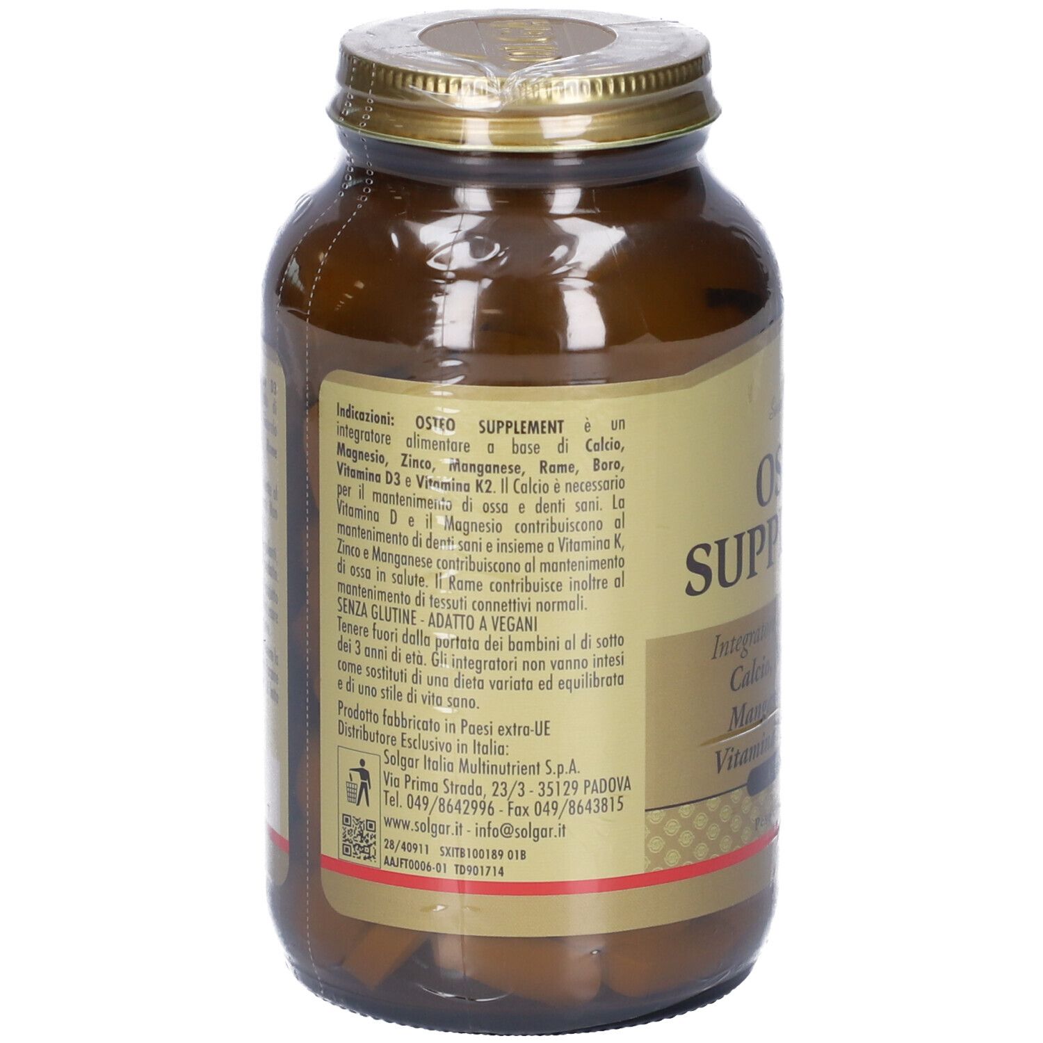 Flacon en verre brun avec couvercle doré. Dos avec texte. Marque SOLGAR. Contient 120 comprimés.