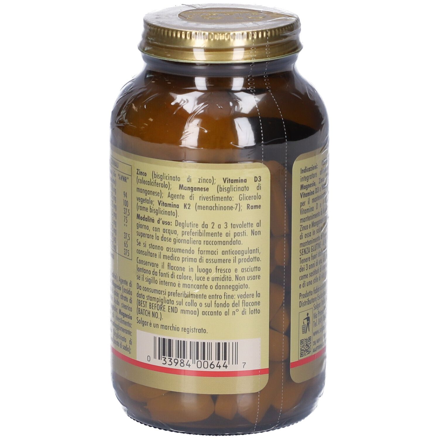 Flacon en verre brun avec couvercle doré. Dos avec texte. Marque SOLGAR. Contient 120 comprimés.