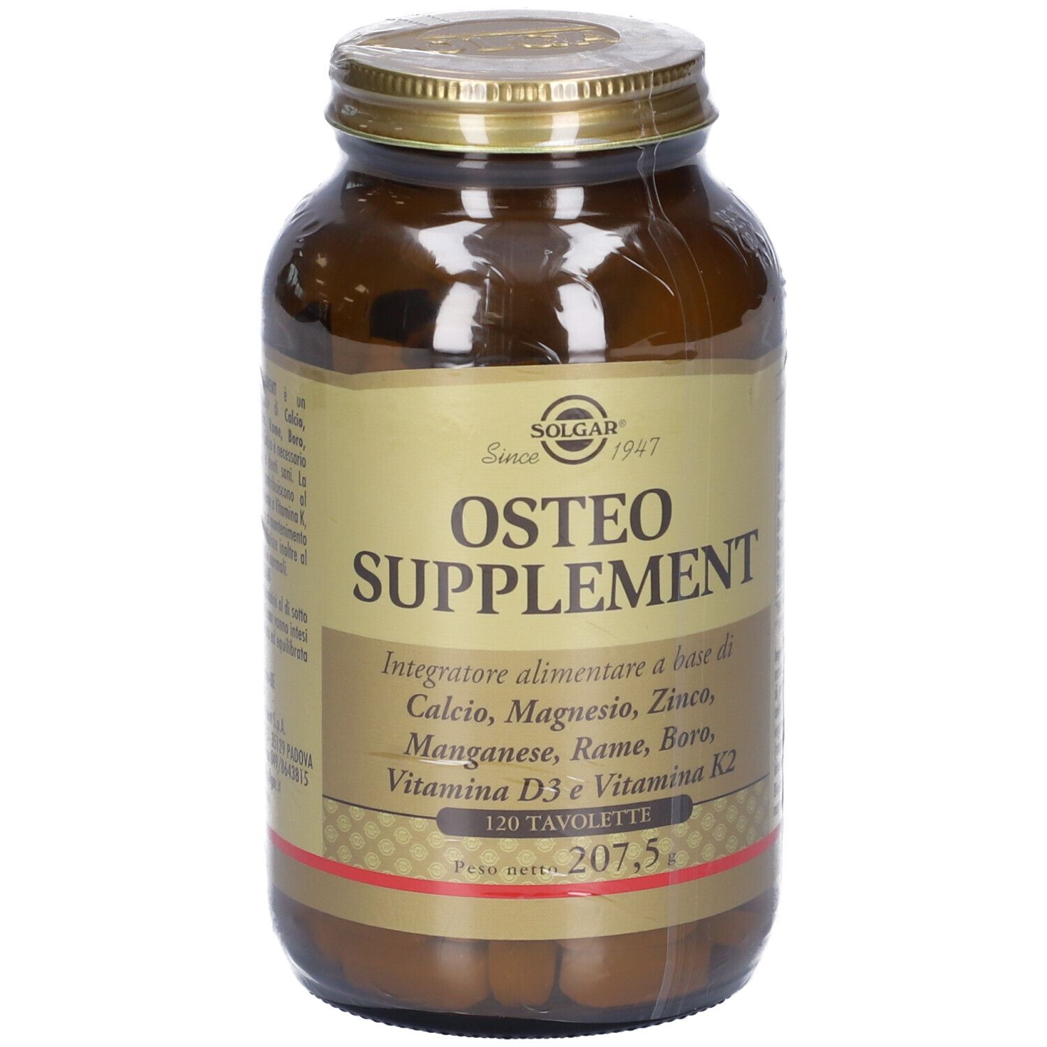 Flacon en verre brun avec couvercle doré. Étiquette avec texte: Osteo Supplement, 120 comprimés. Marque SOLGAR.