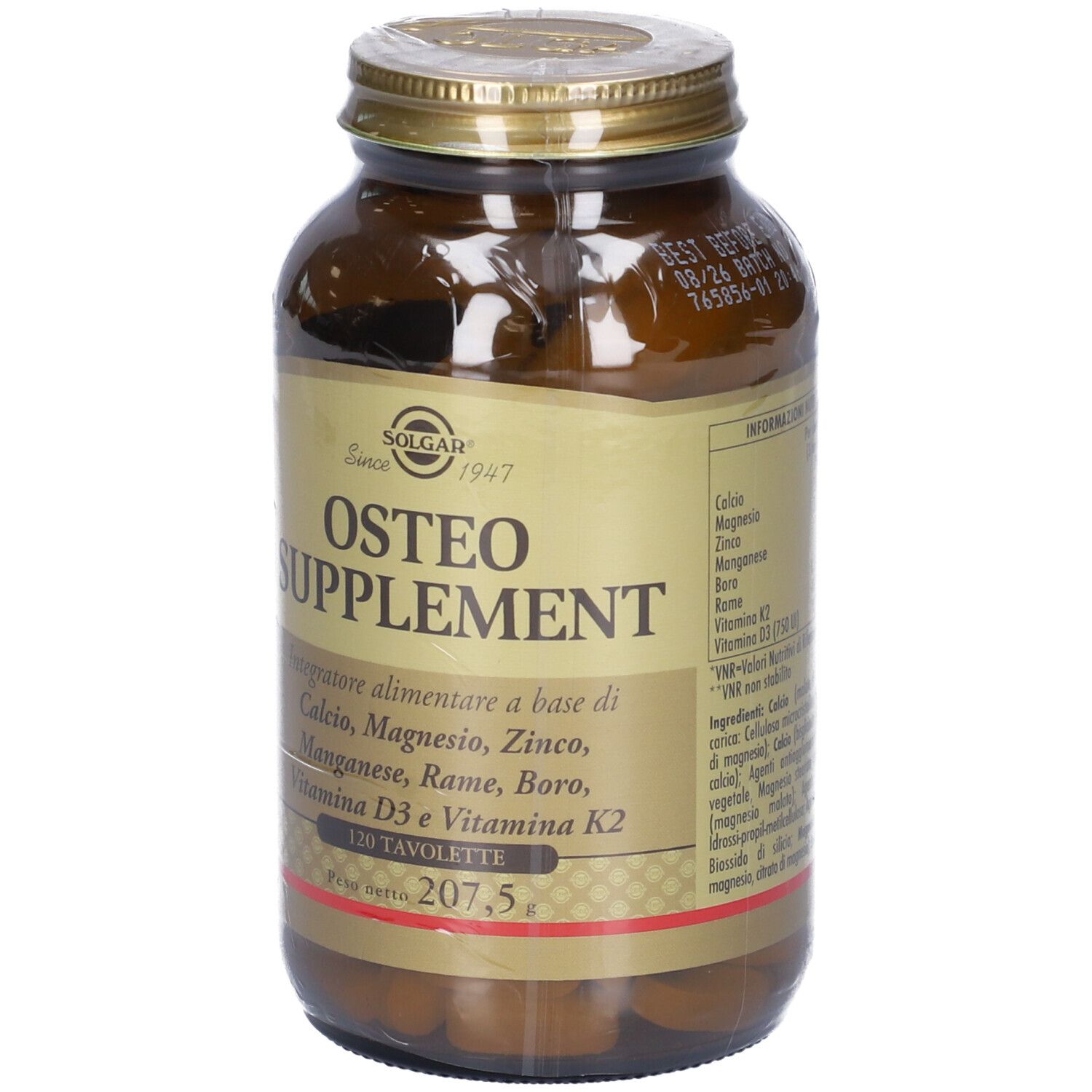 Flacon en verre brun avec couvercle doré. Étiquette avec texte: Osteo Supplement, 120 comprimés. Marque SOLGAR.