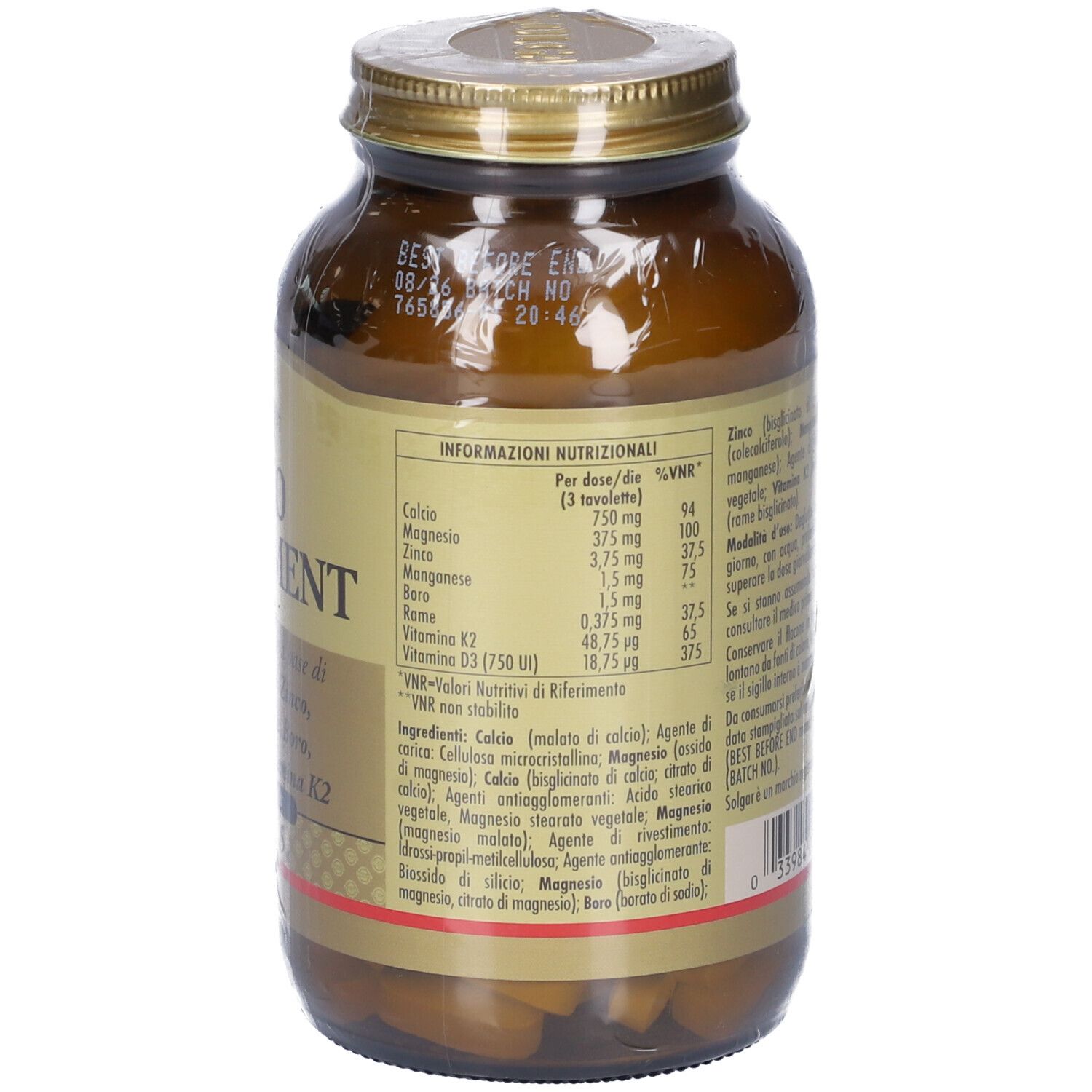 Flacon en verre brun avec couvercle doré. Dos avec texte. Marque SOLGAR. Contient 120 comprimés.