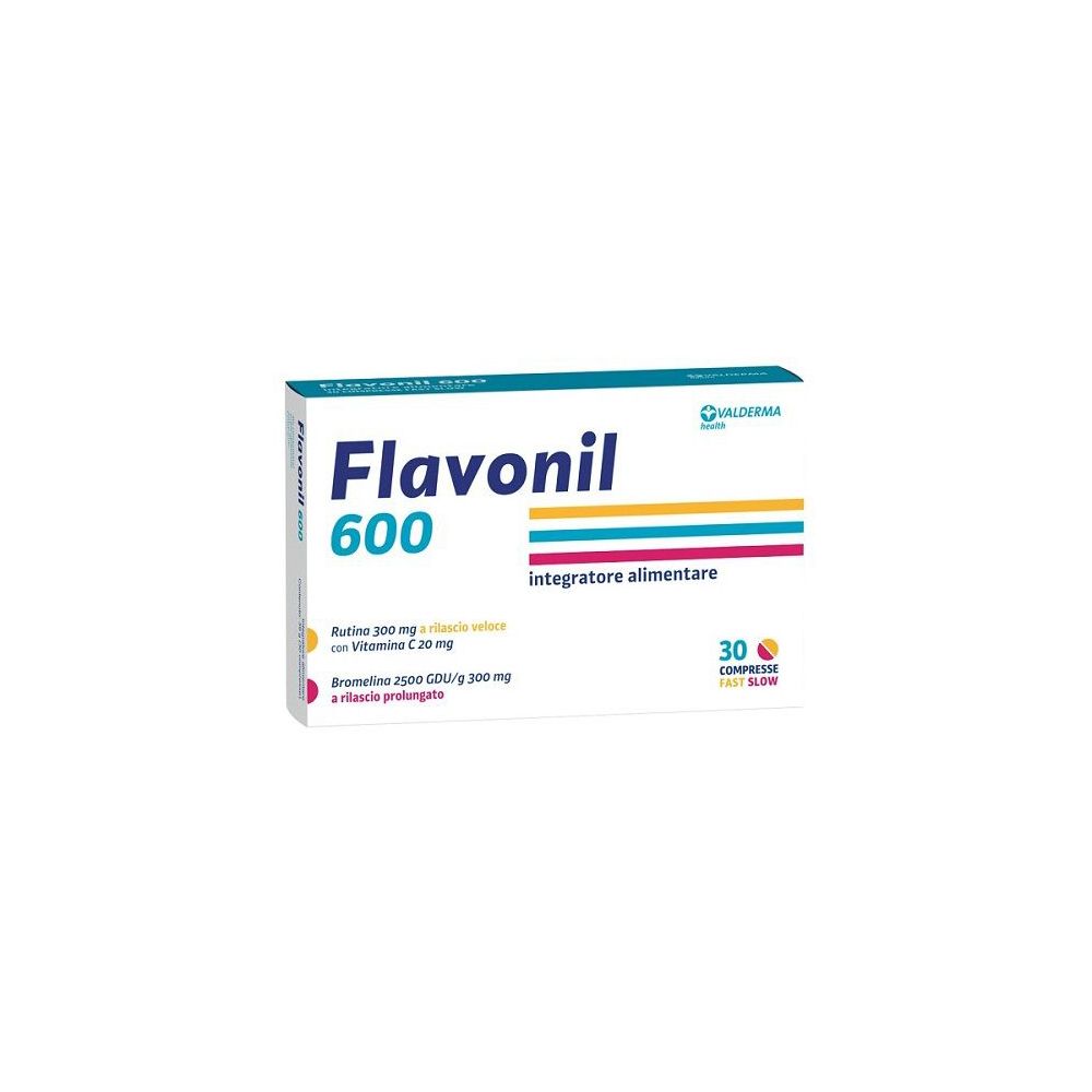 Karton mit Flavonil 600, 30 Tabletten. Blaue, gelbe und rote Streifen. Text: Integratore alimentare.