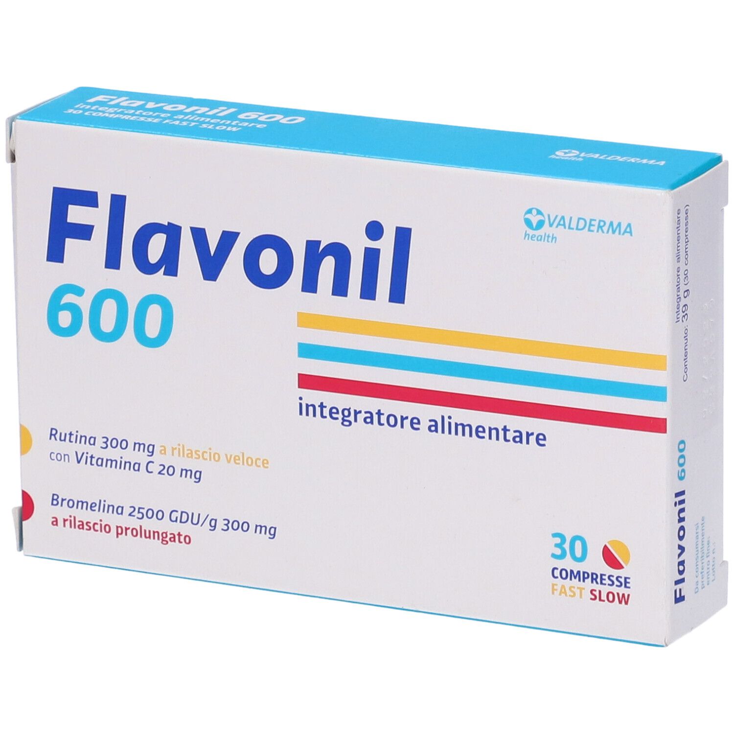 Karton Flavonil 600, 30 Tabletten. Blaue, gelbe und rote Streifen. Text: Integratore alimentare.