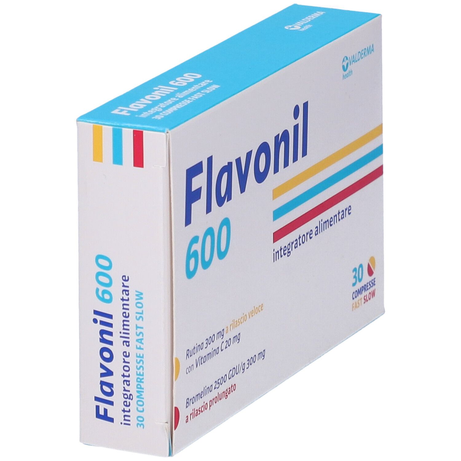 Karton Flavonil 600, 30 Tabletten. Blaue, gelbe und rote Streifen. Text: Integratore alimentare.