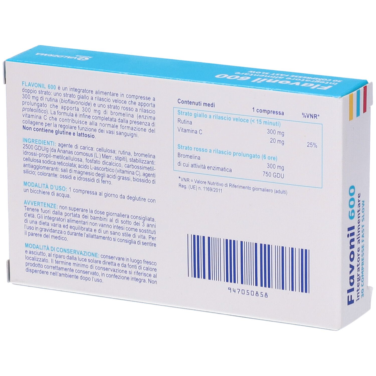 Rückseite der Flavonil 600-Verpackung. Enthält Informationen zu Inhaltsstoffen und Dosierung. Text: Integratore alimentare.