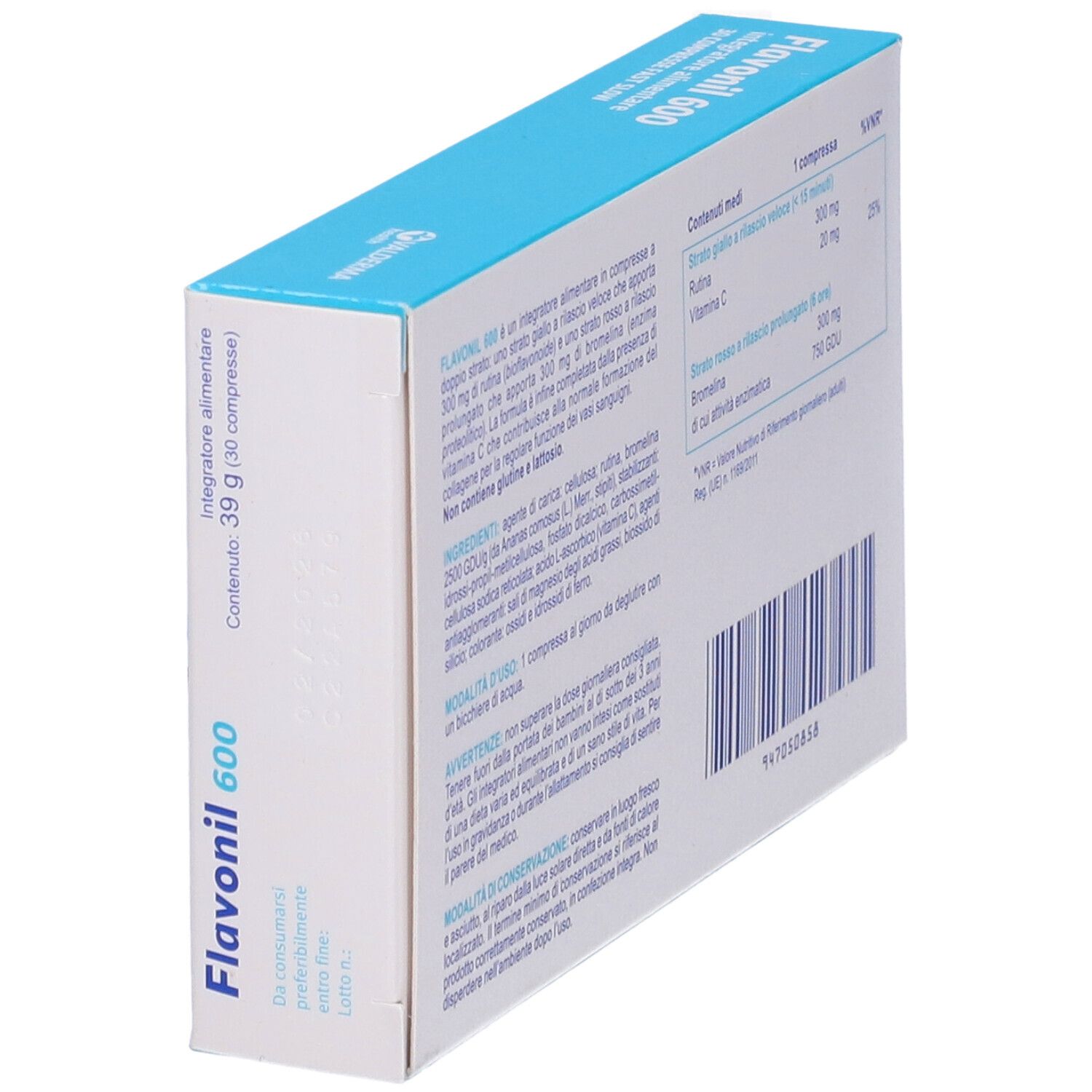 Schrägansicht der Flavonil 600-Verpackung. Enthält Informationen zu Inhaltsstoffen und Dosierung. Text: Integratore alimentare.