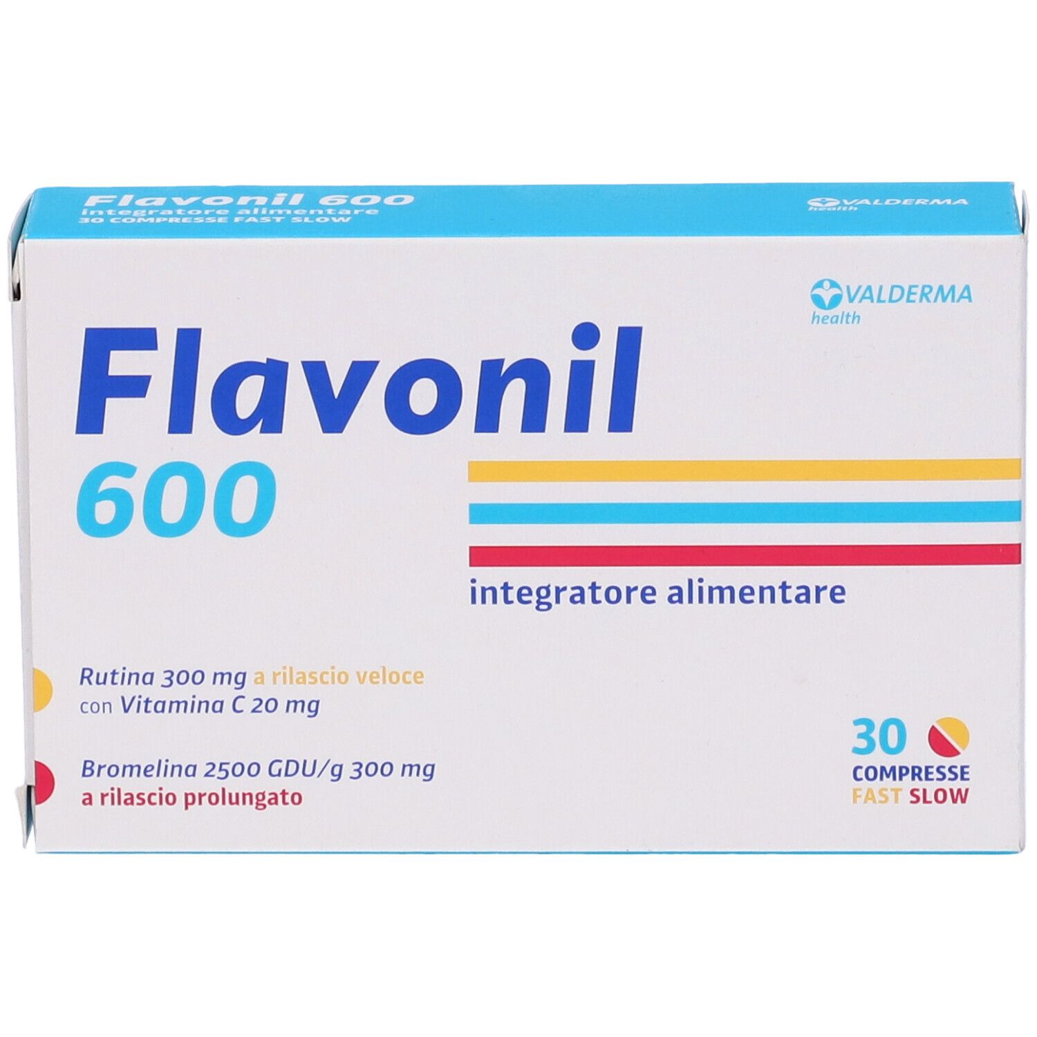 Karton Flavonil 600, 30 Tabletten. Blaue, gelbe und rote Streifen. Text: Integratore alimentare.
