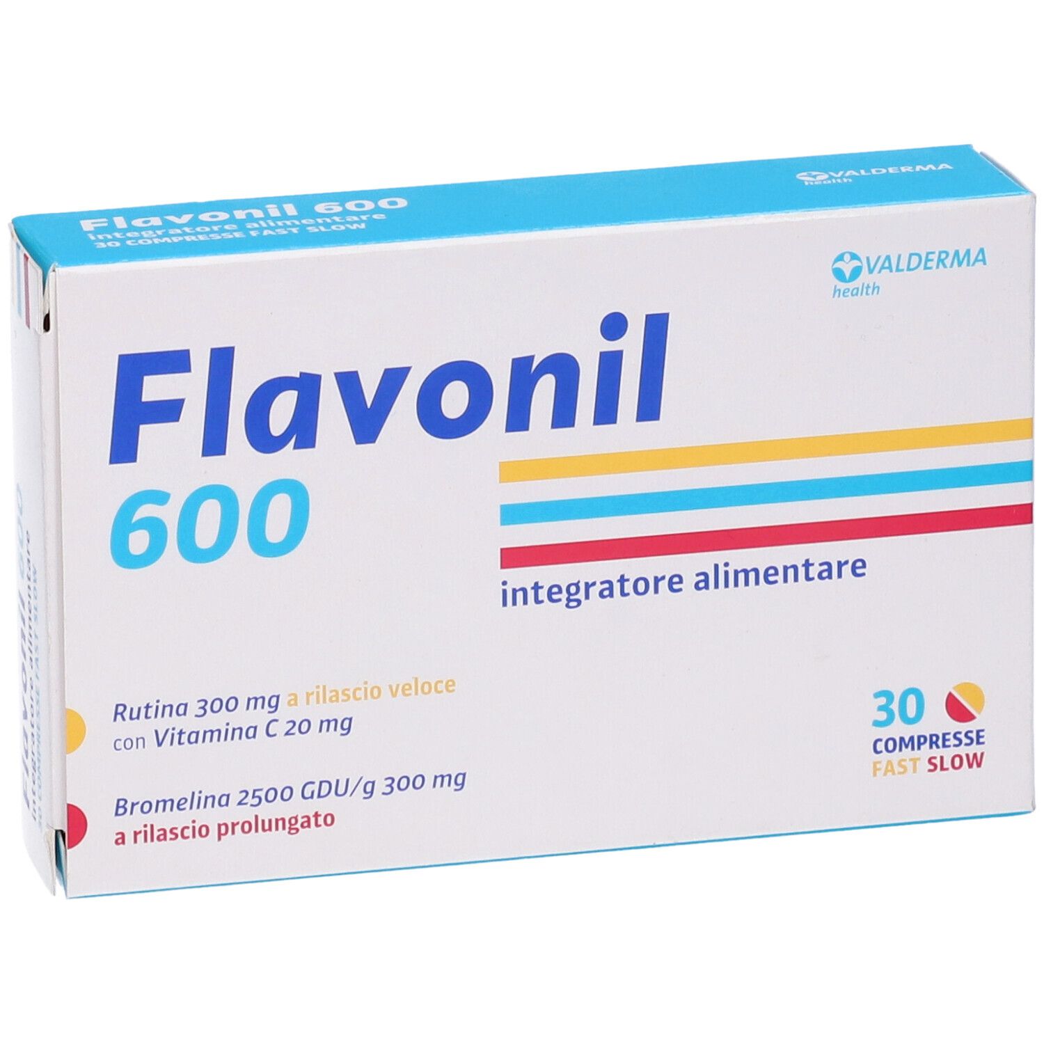 Karton Flavonil 600, 30 Tabletten. Blaue, gelbe und rote Streifen. Text: Integratore alimentare.