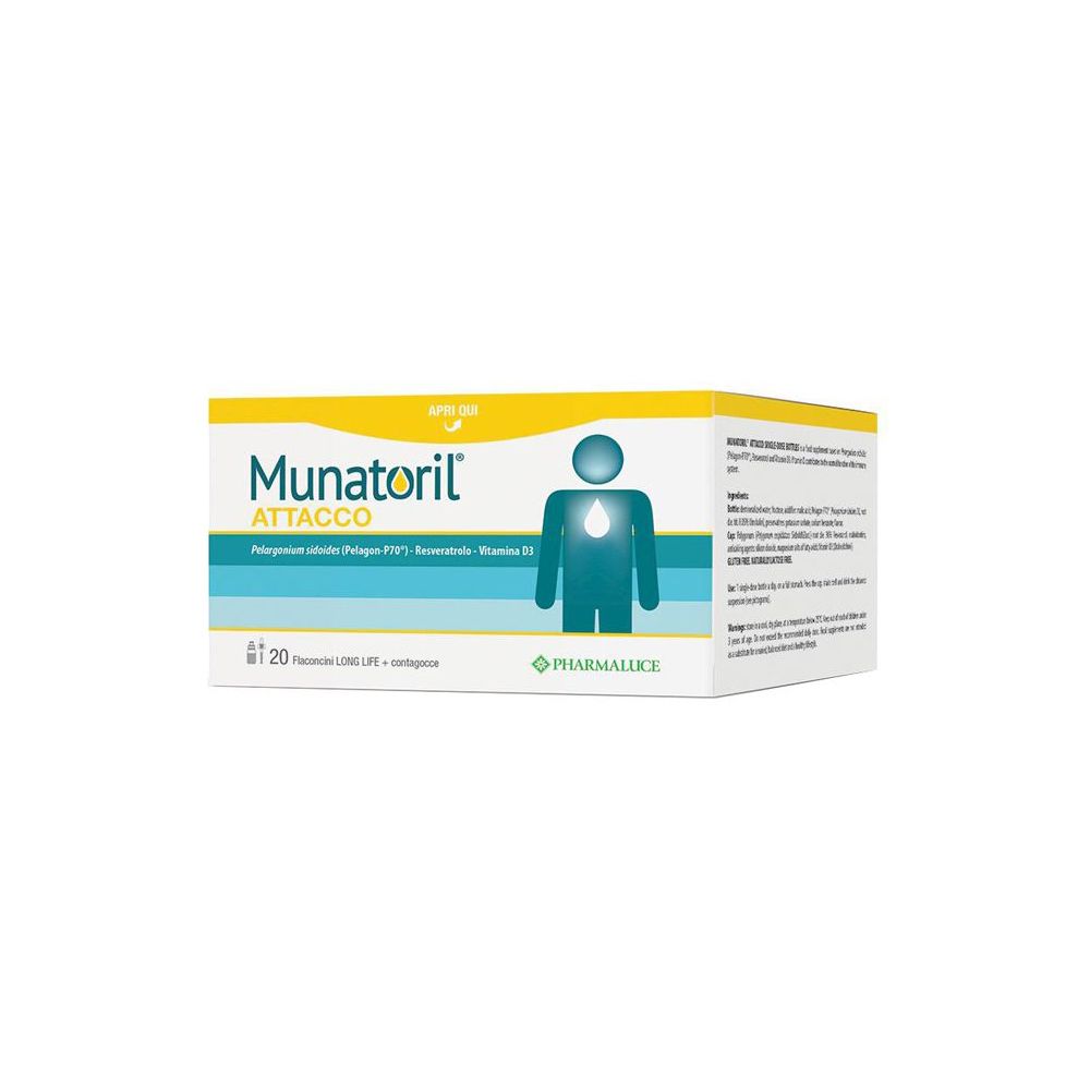 Munatoril Attacco-Verpackung. 20 Fläschchen. Logo und Produktinformationen auf weißem Hintergrund.