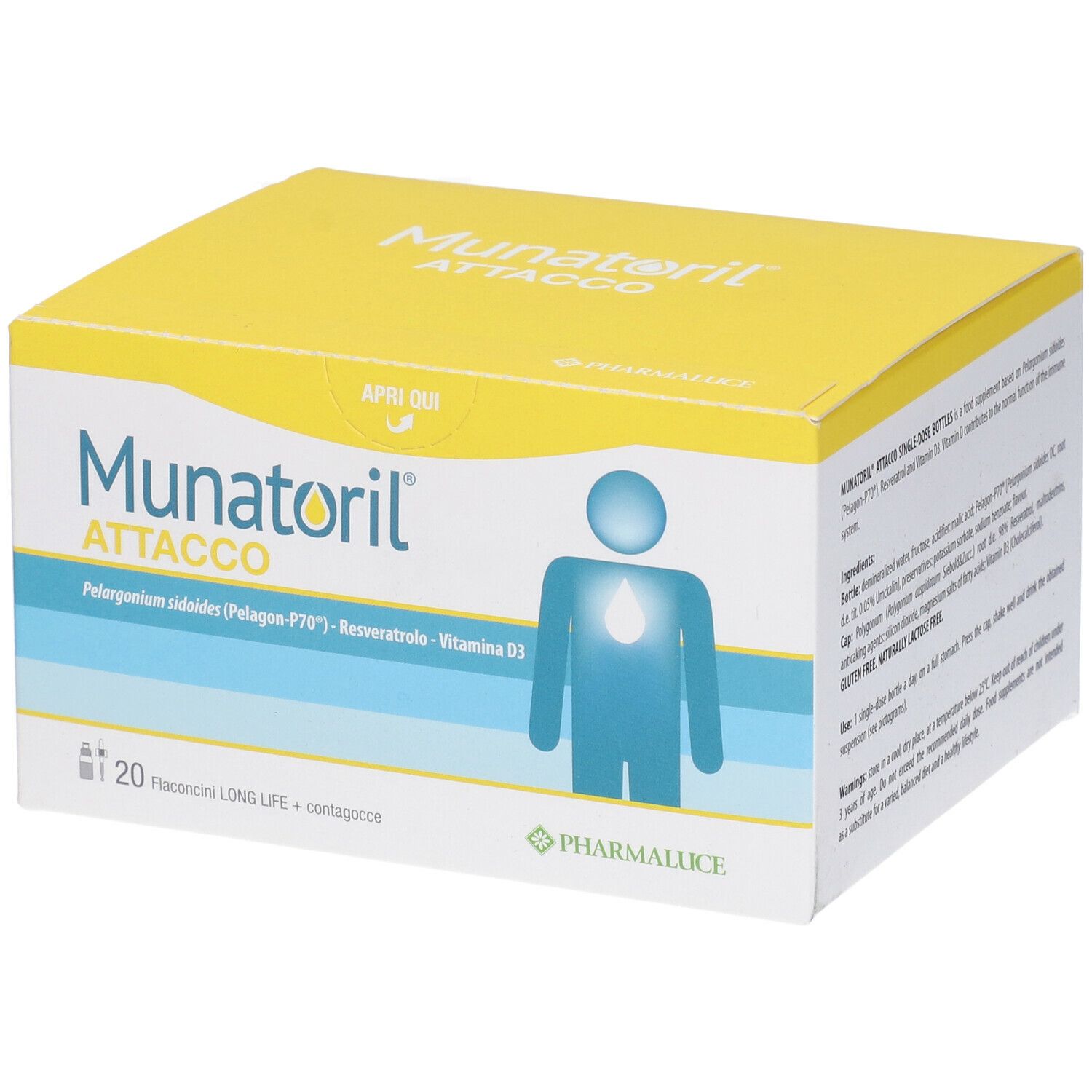 Gelbe Schachtel Munatoril Attacco. 20 Fläschchen. Produktname, Logo und Informationen.