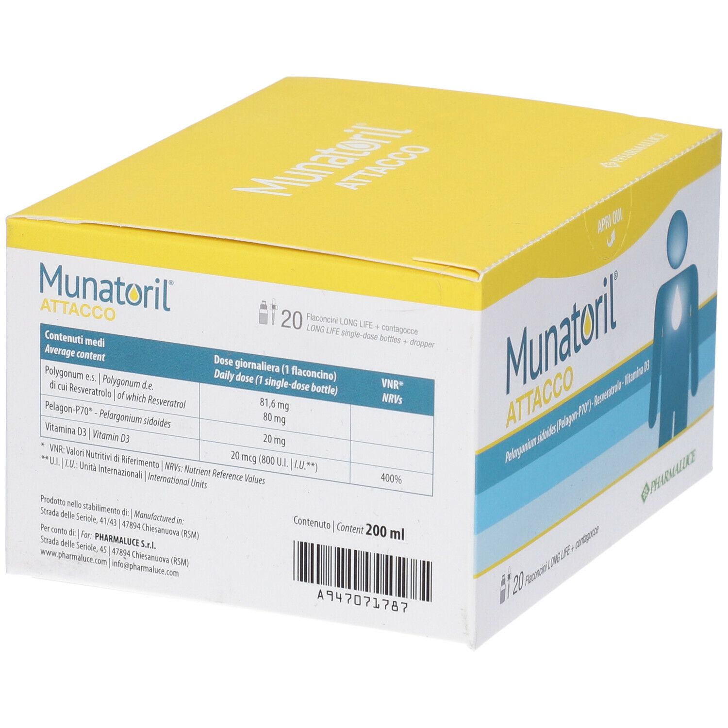 Gelbe Schachtel Munatoril Attacco. Produktinformationen, Inhaltsstoffe und Dosierung.