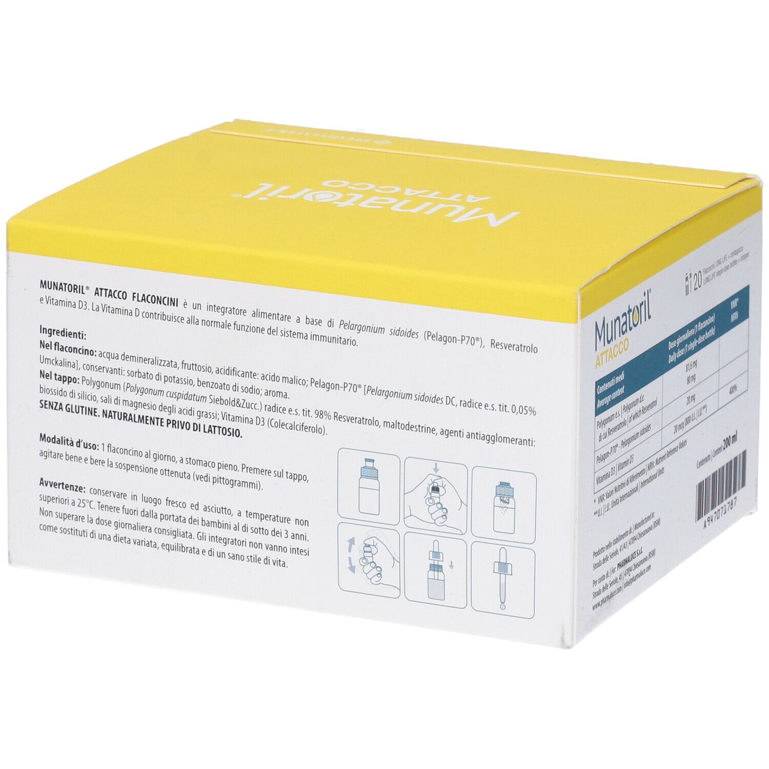 Gelbe Schachtel Munatoril Attacco. Produktinformationen, Inhaltsstoffe und Anwendungshinweise.
