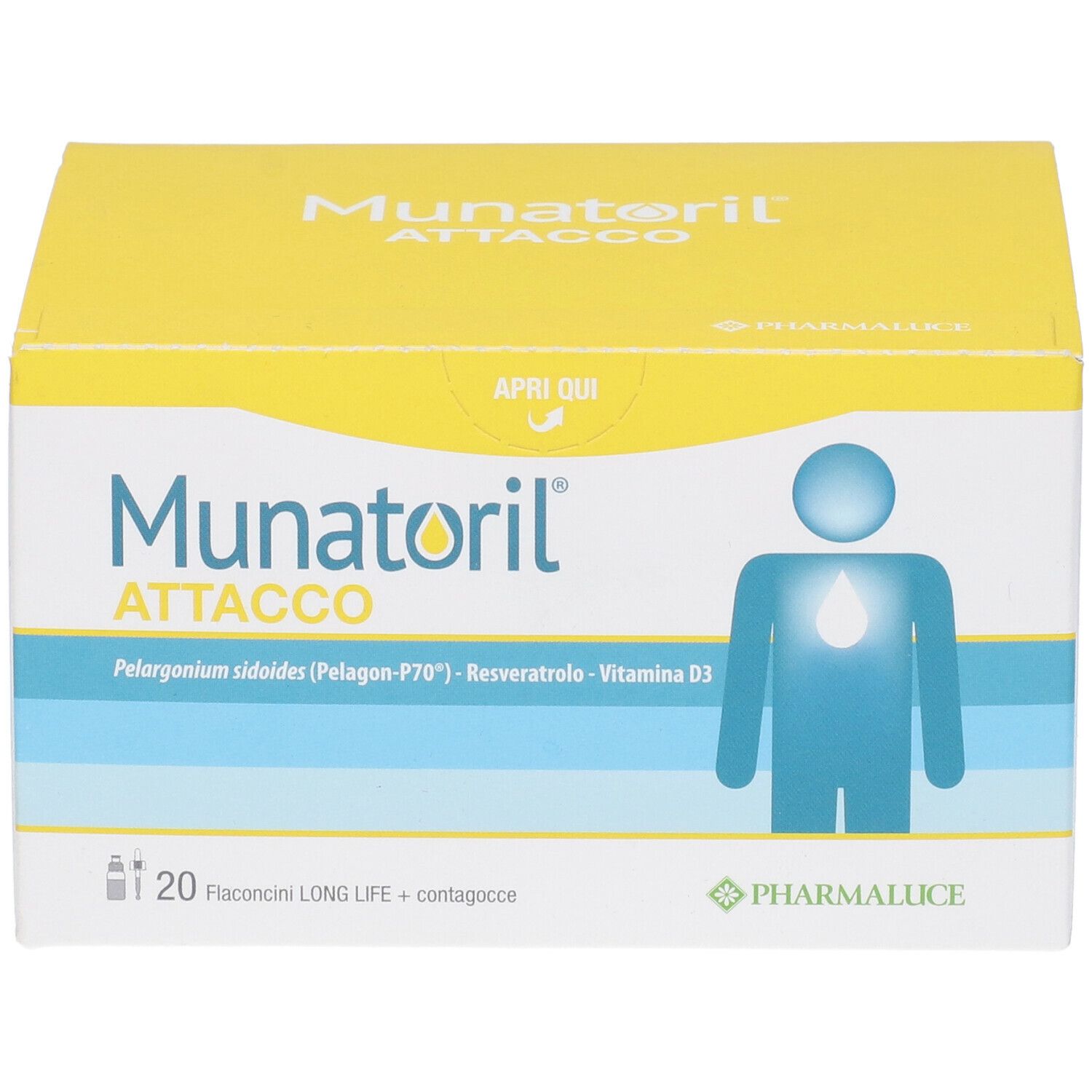 Gelbe Schachtel Munatoril Attacco. 20 Fläschchen. Produktname, Logo und Informationen.