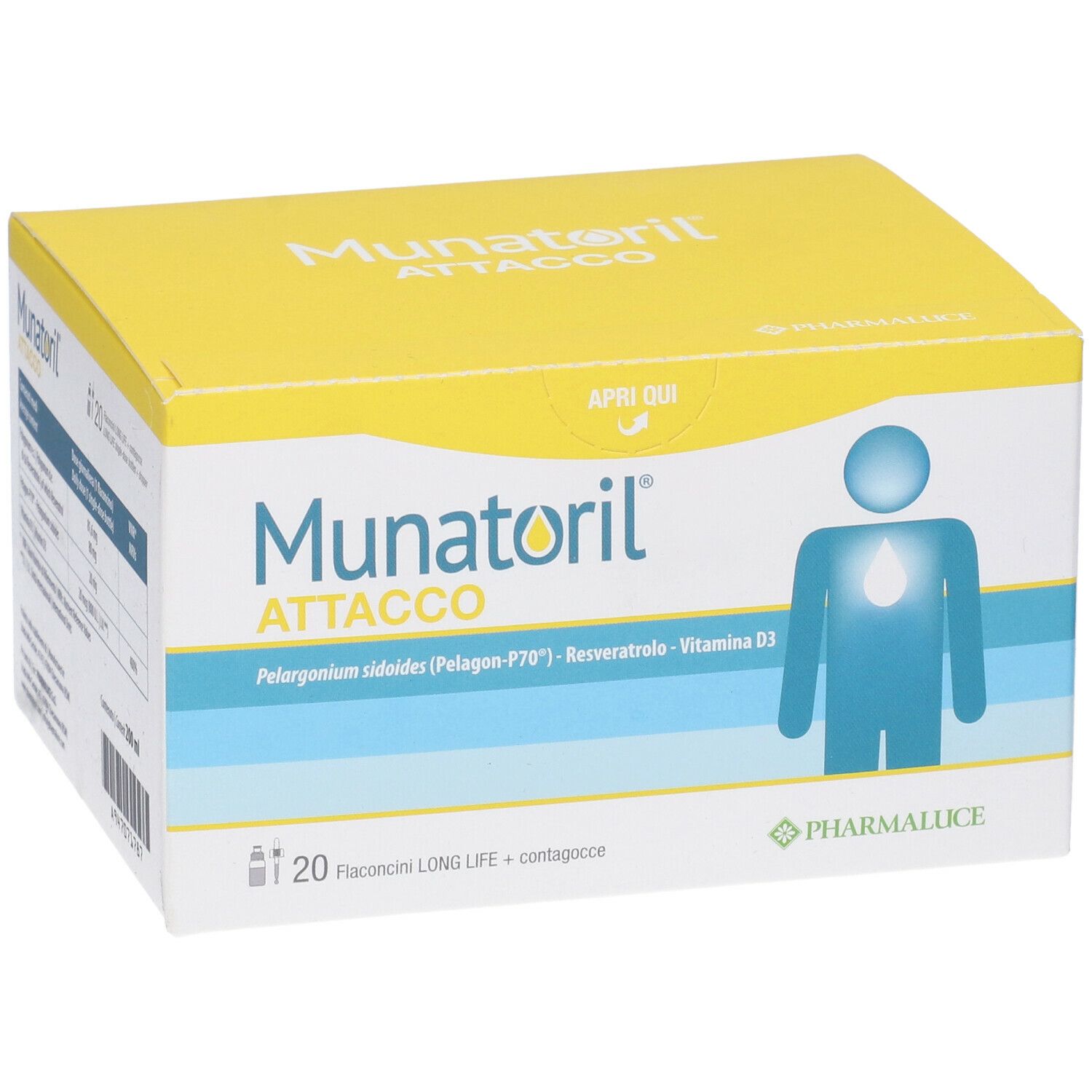 Gelbe Schachtel Munatoril Attacco. 20 Fläschchen. Produktname, Logo und Informationen.