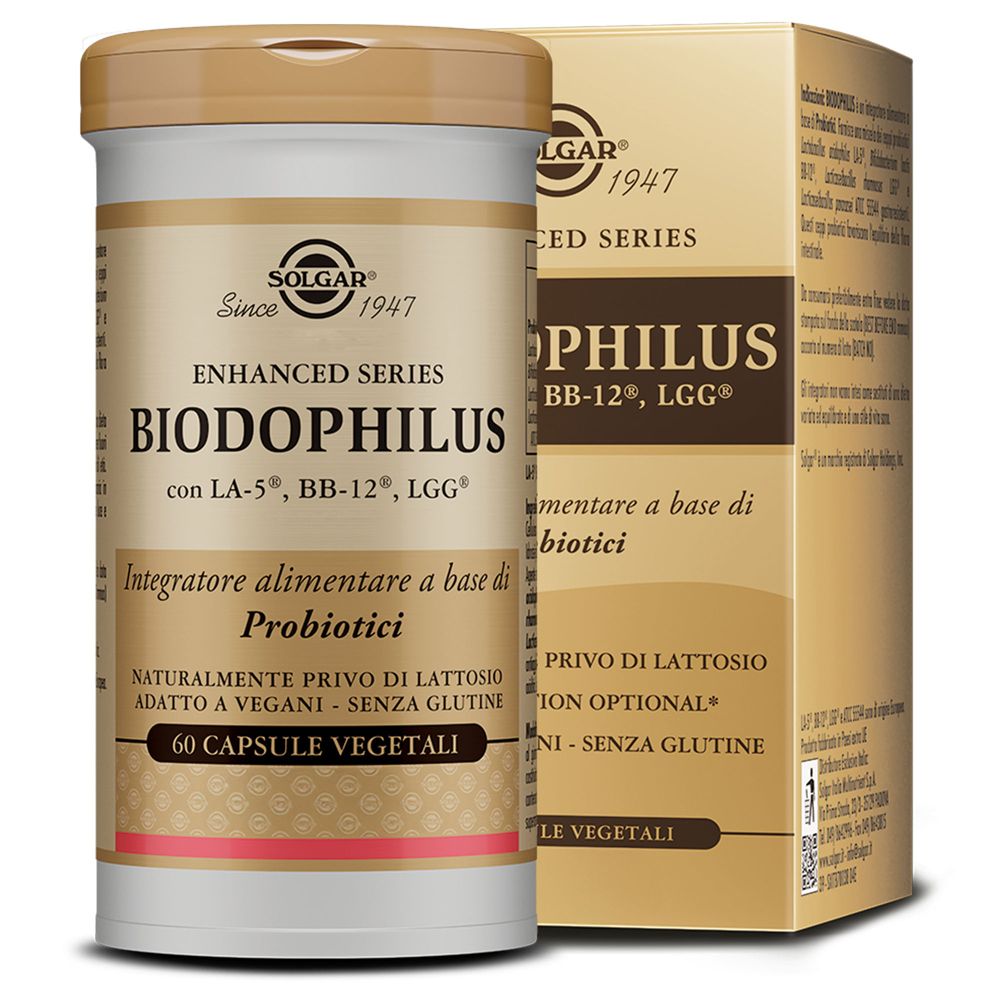 Flacon SOLGAR® Biodophilus. Bouchon marron, flacon blanc avec étiquette. 60 gélules, 39g.