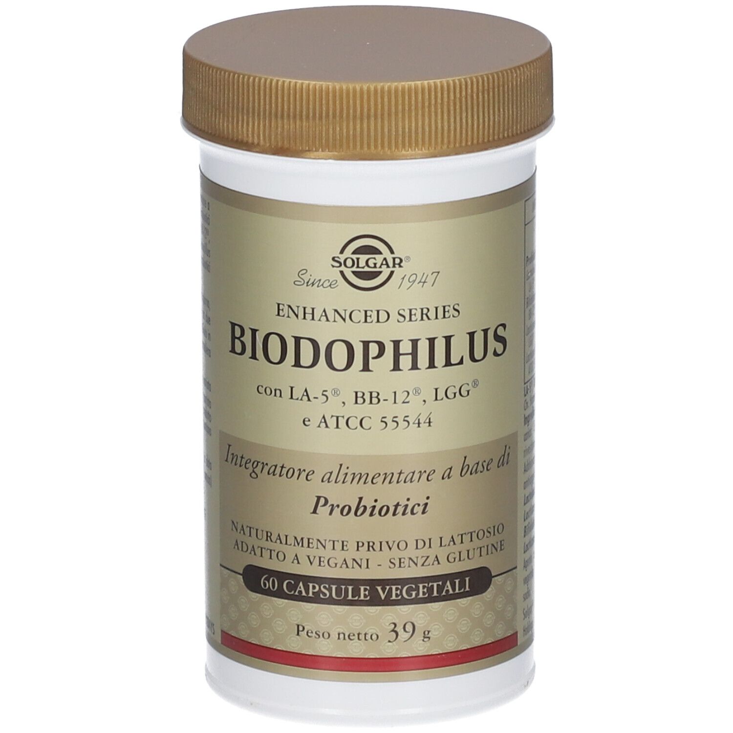 Flacon SOLGAR® Biodophilus. Bouchon marron, flacon blanc avec étiquette. 60 gélules, 39g.