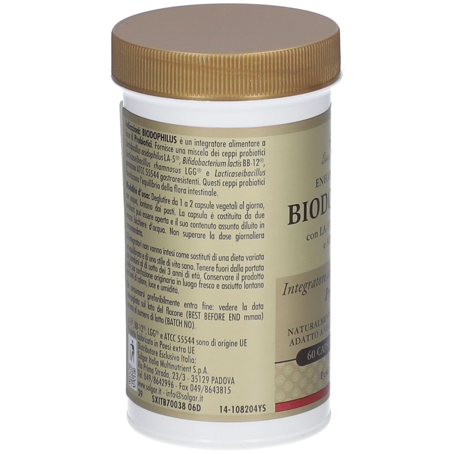 Dos du flacon SOLGAR® Biodophilus. Informations textuelles sur fond blanc. Bouchon marron.