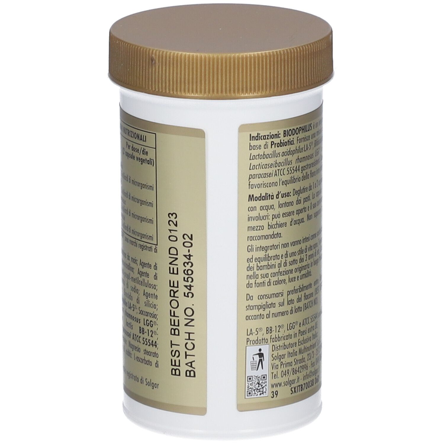 Dos du flacon SOLGAR® Biodophilus. Informations textuelles sur fond blanc. Bouchon marron.